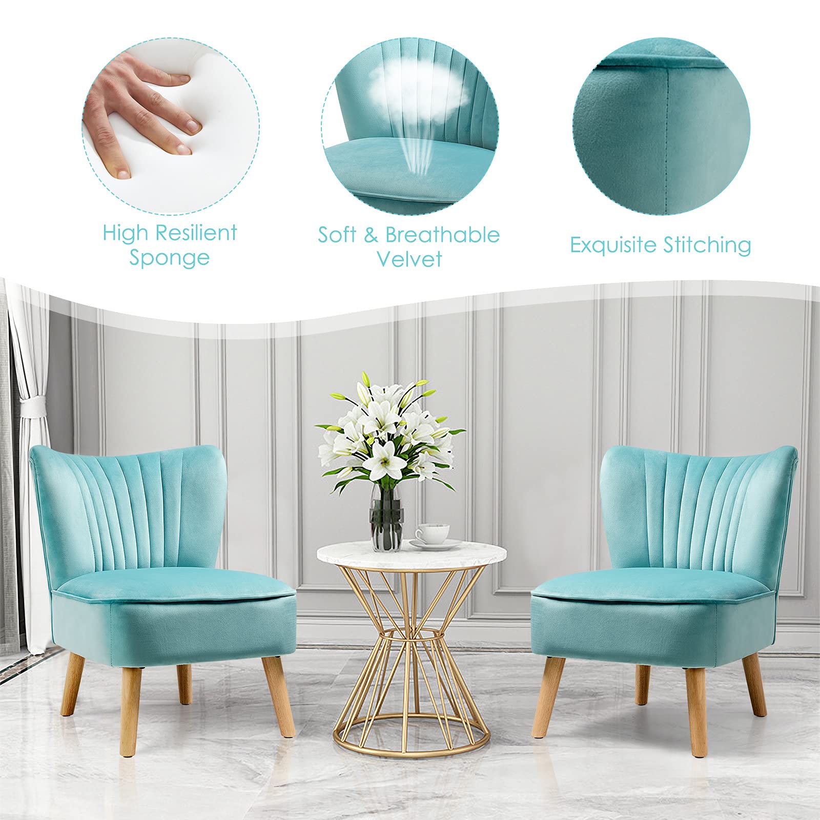 Velvet Modern Armless Accent Chair with Rubber Wood Legs & Thick Sponge Seat - Upholstered Wingback Sofa Chair for Living Room, Bedroom & Office - Turquoise Blue Leisure Chair for Reading Nook, Lounge & Small Spaces