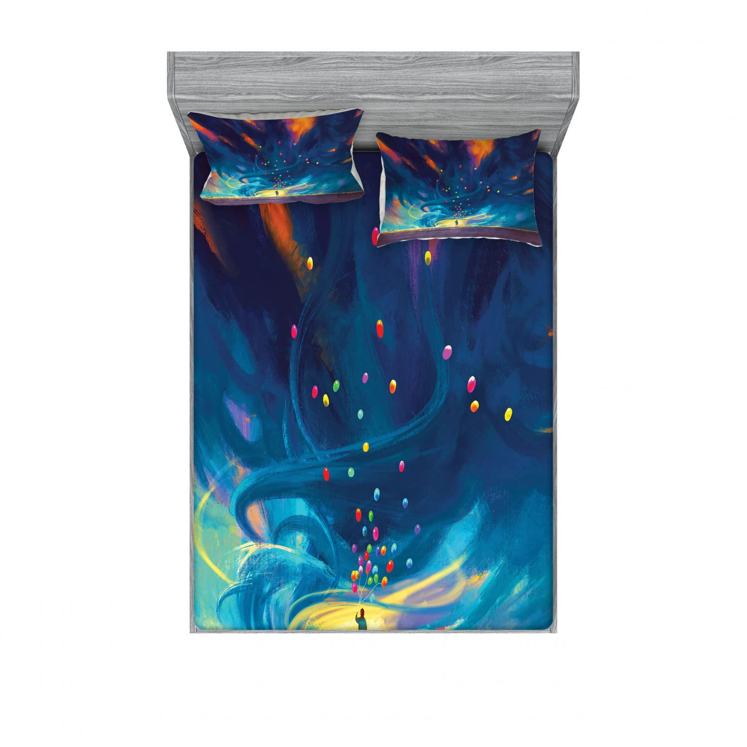 Lunarable Abstract Balloon Print 2-Pack Fitted Sheet & Pillow Sham Set - 4 Piece Bedding Decor (2 Twin XL Fitted Sheets + 4 Pillow Covers) in Blue, Orange & Yellow - Perfect for Kids' Rooms, Dorm Decor & Modern Bedroom Styling