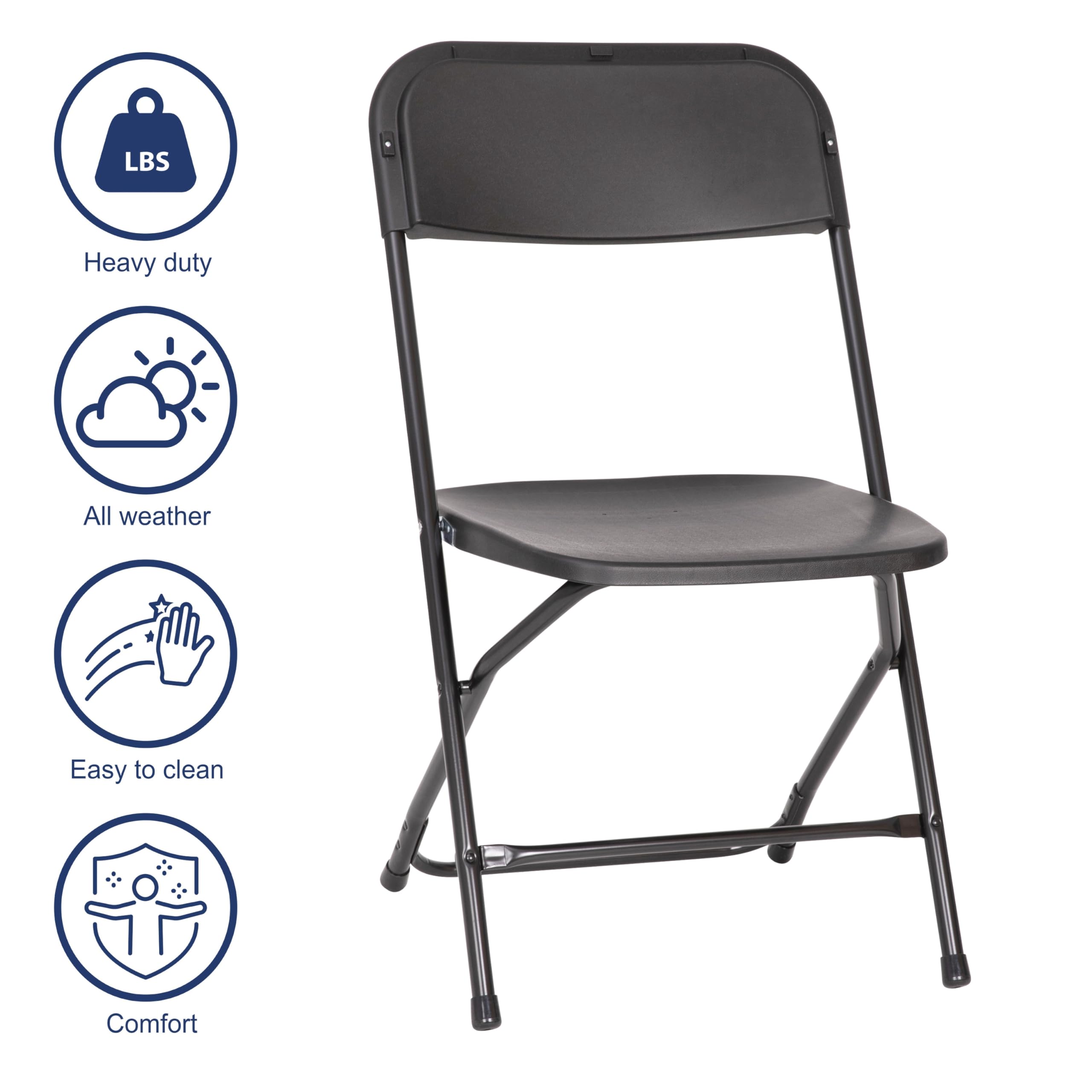 EMMA + OLIVER 4 Pack Extra Wide Folding Chairs - Heavy Duty Black Polypropylene Seats with Sturdy Metal Frame - Supports 650 lbs - Protective Floor Glides for Indoor & Outdoor Use - Perfect for Parties, Camping, and Events