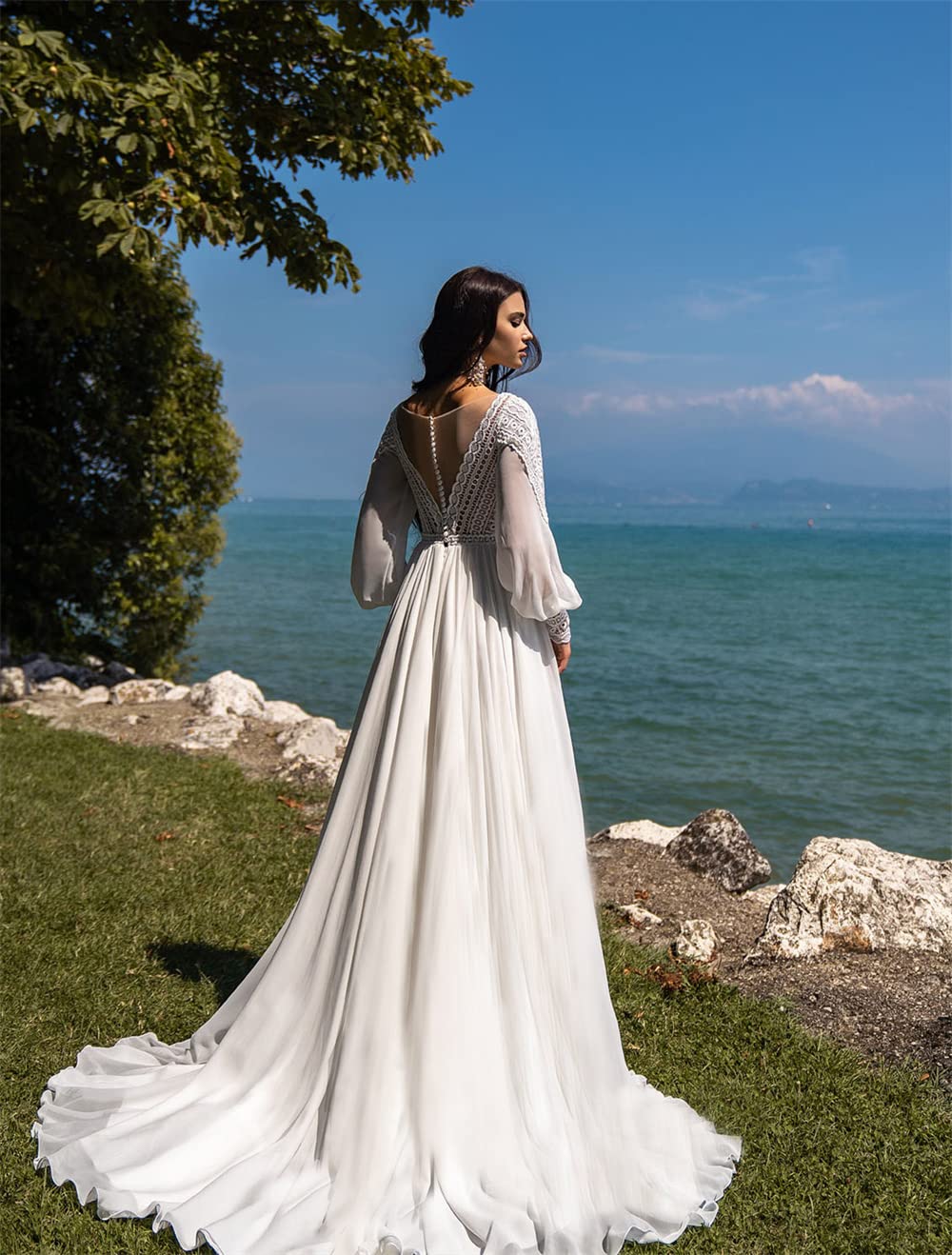 Boho Wedding Dress V-Neck Long Sleeve Macrame Lace Bridal Gown for Beach, Garden & Outdoor Ceremonies - Elegant Bohemian Style Wedding Dress