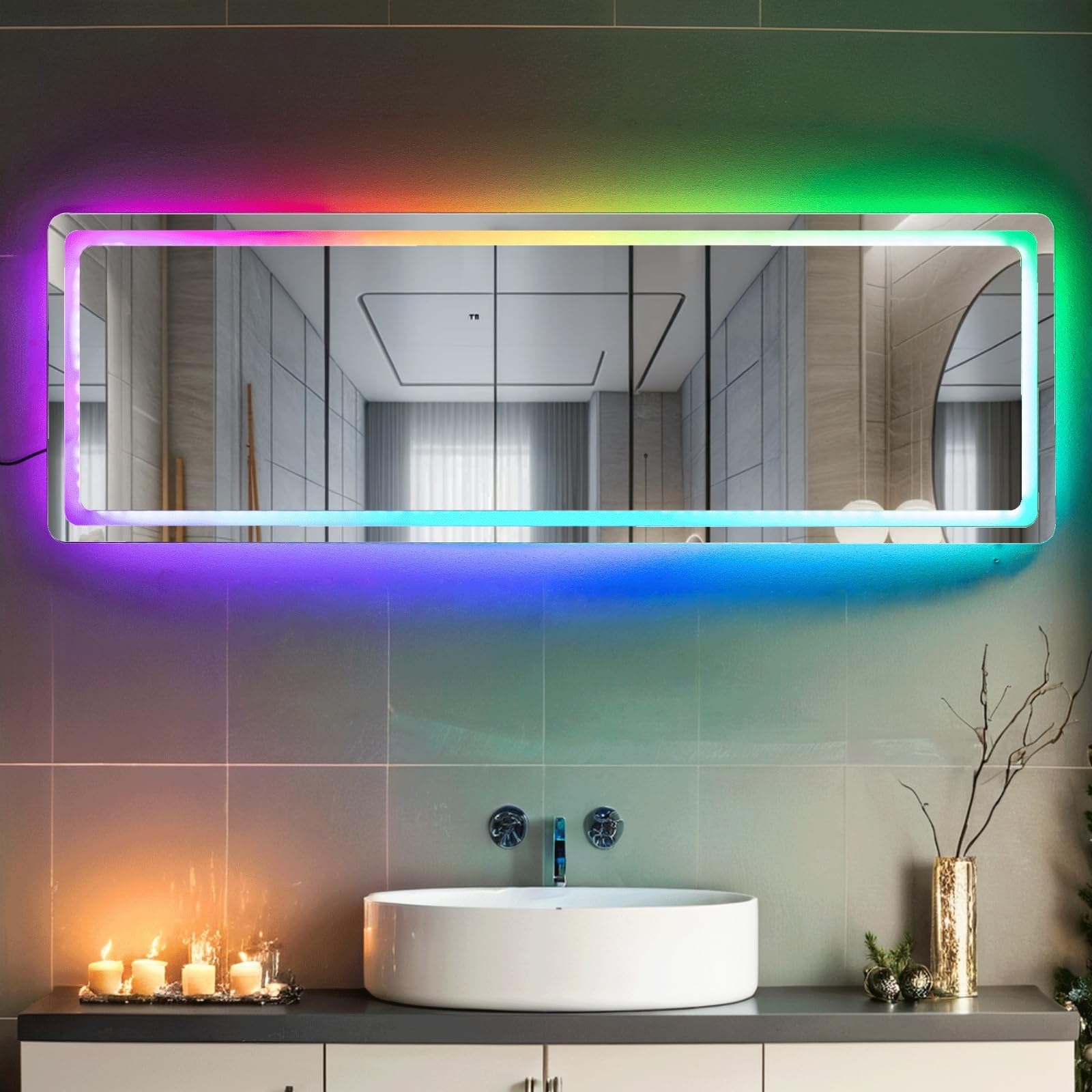LUXFURNI Full Length LED Mirror with RGB Dimmable Lights - Wall Mounted Full Body Mirror 42.32x14 Inch for Bedroom, Bathroom, Vanity & Dressing Room