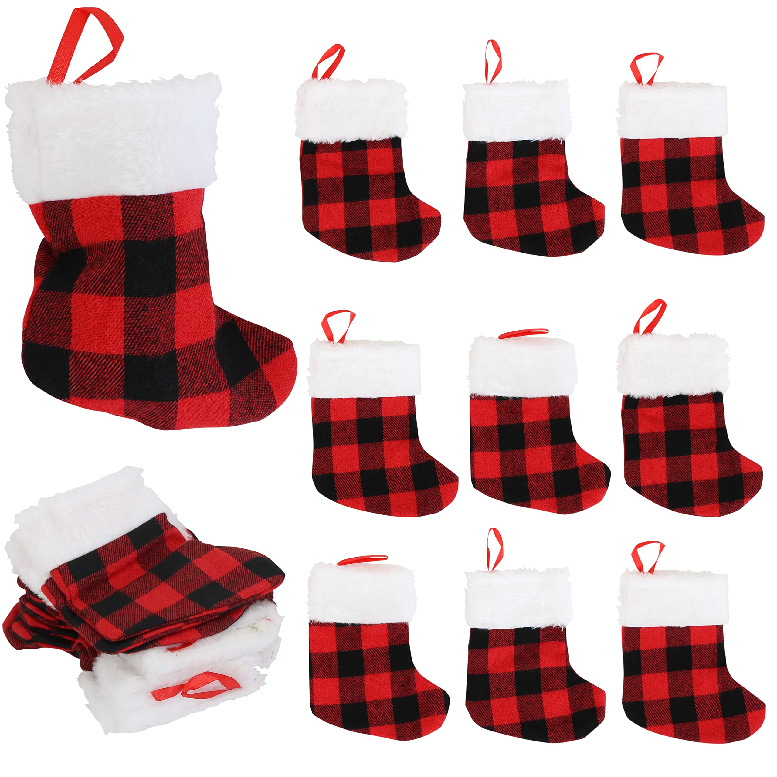 24-Pack Mini Christmas Stockings 6-Inch Red Buffalo Plaid - Perfect for Holiday Decorations, Party Favors & Small Gift Bags
