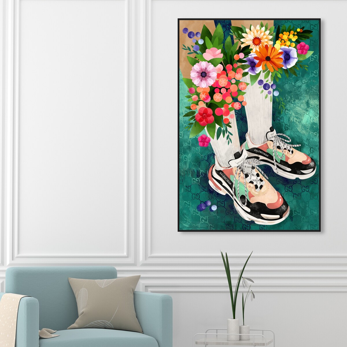 Stylish Floral Sneakers & Socks Set with Modern Green Canvas Wall Art - Perfect for Bedroom Decor and Casual Outfits