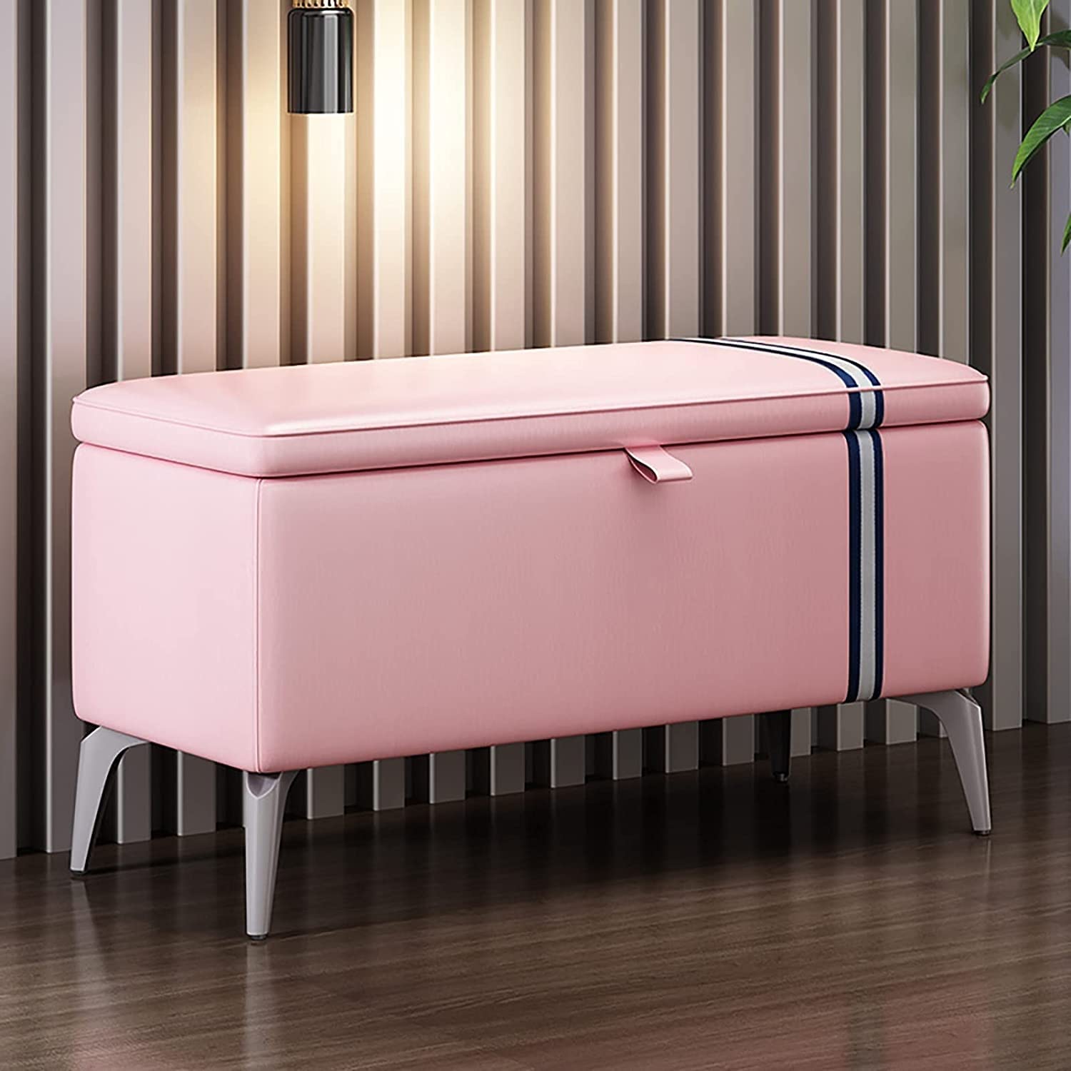 Modern Leather Storage Ottoman Bench - Rectangle Entryway Shoe Bench with Padded Seat, Solid Wood Storage Trunk, Multifunctional Storage Bench (Pink, 80x35x45cm) - Perfect for Bedroom, Living Room, Hallway & Entryway Organization