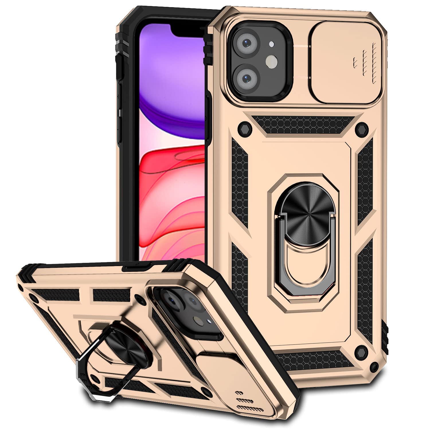 Hitaoyou iPhone 11 Case with Camera Cover & Kickstand - Military Grade Shockproof Heavy Duty Protective Magnetic Phone Cover for iPhone 11 (Gold) - Perfect for Outdoor Activities, Travel and Daily Protection