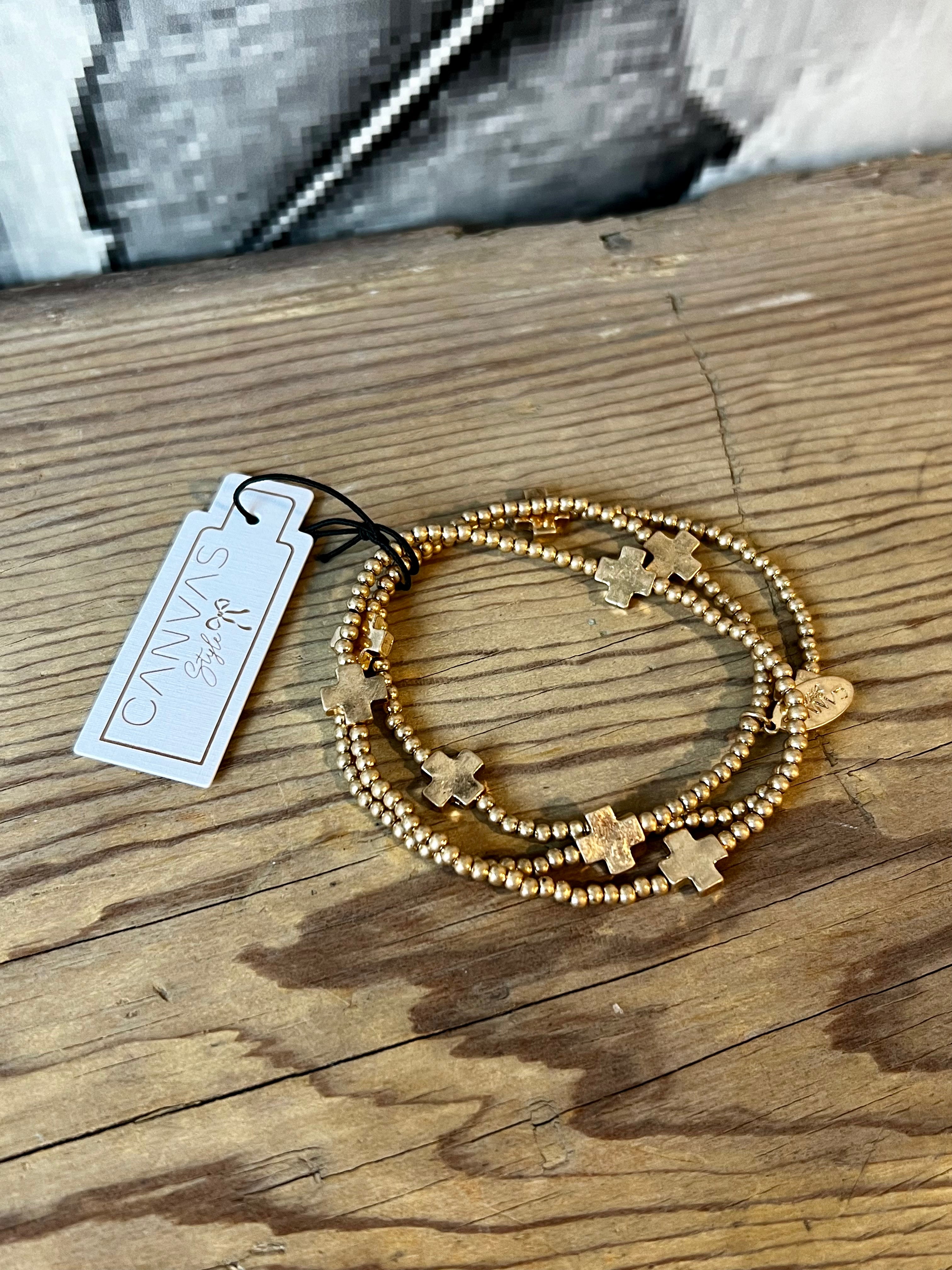 Elegant Worn Gold Cross Stretch Bracelet Set for Women - Boho Chic Canvas Macy Jewelry - Perfect for Casual Wear, Parties & Gifts
