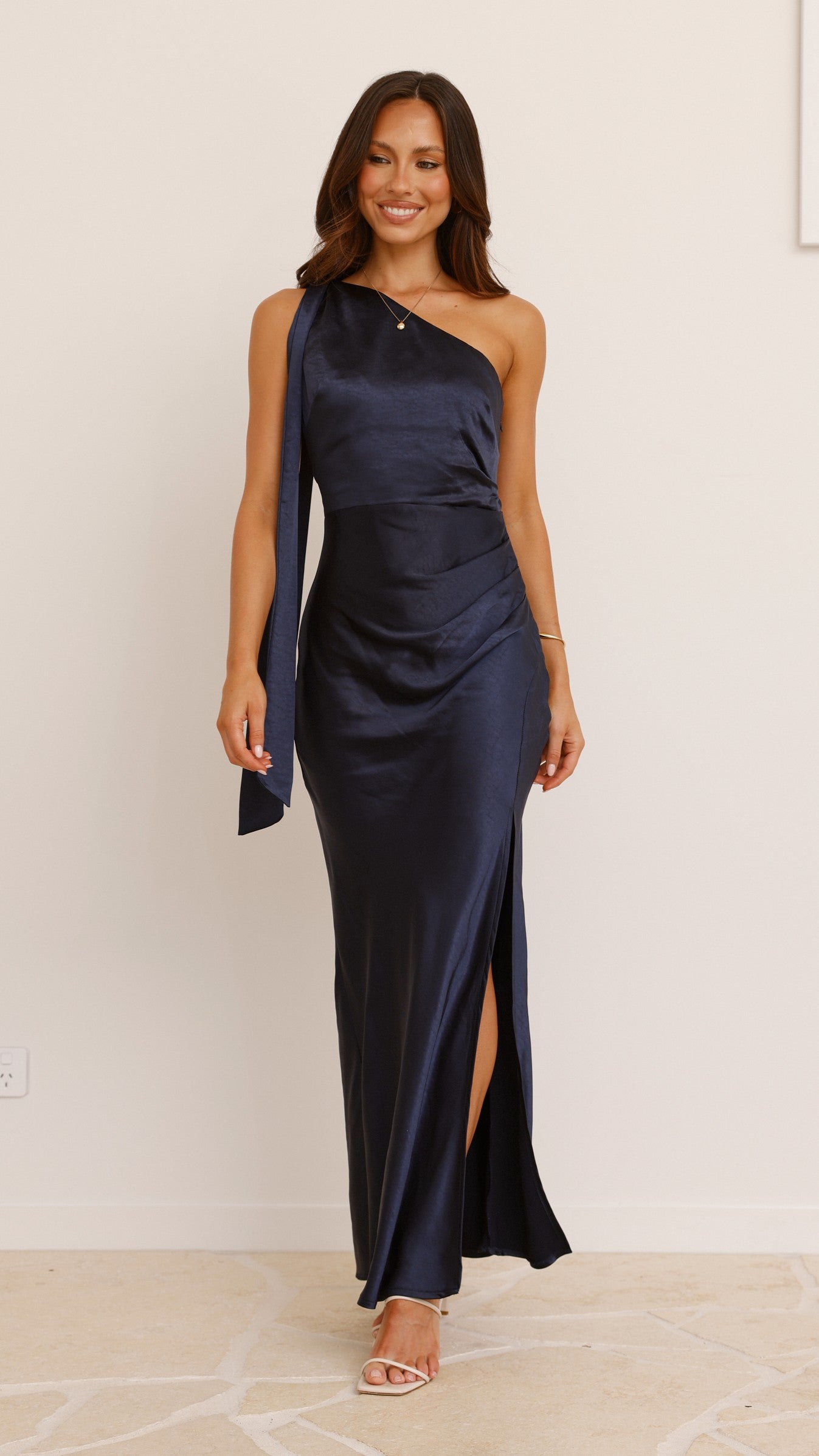 Elegant Halle One Shoulder Maxi Dress in Navy Blue - Perfect for Beach Weddings, Evening Parties & Summer Vacations