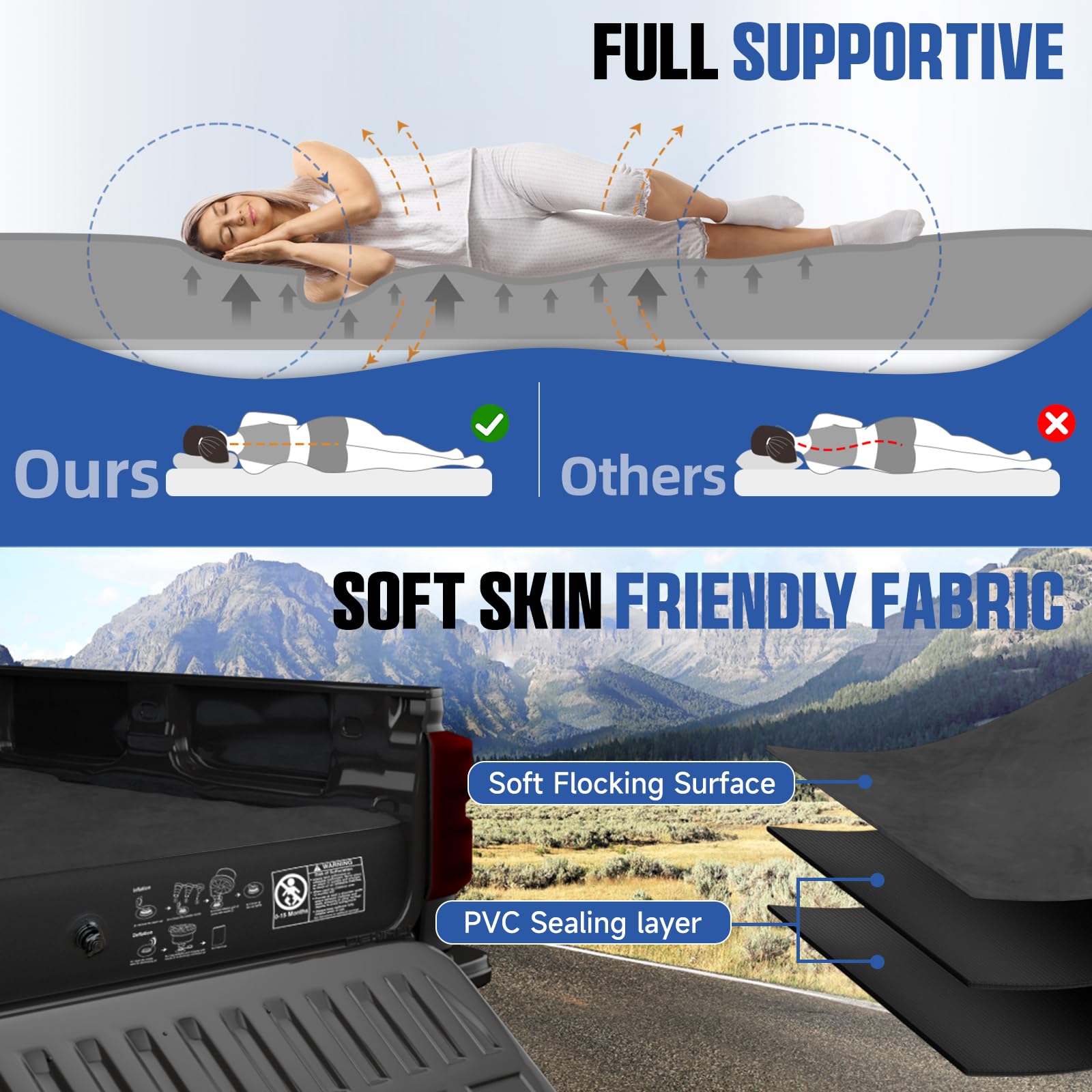 **Inflatable Air Mattress for Full Size 6.5ft Truck Beds - Fits Chevrolet Silverado, Dodge Ram, Ford - Includes Air Pump, 2 Pillows & Carry Bag - Perfect for Camping, Road Trips & Outdoor Adventures (Black)**