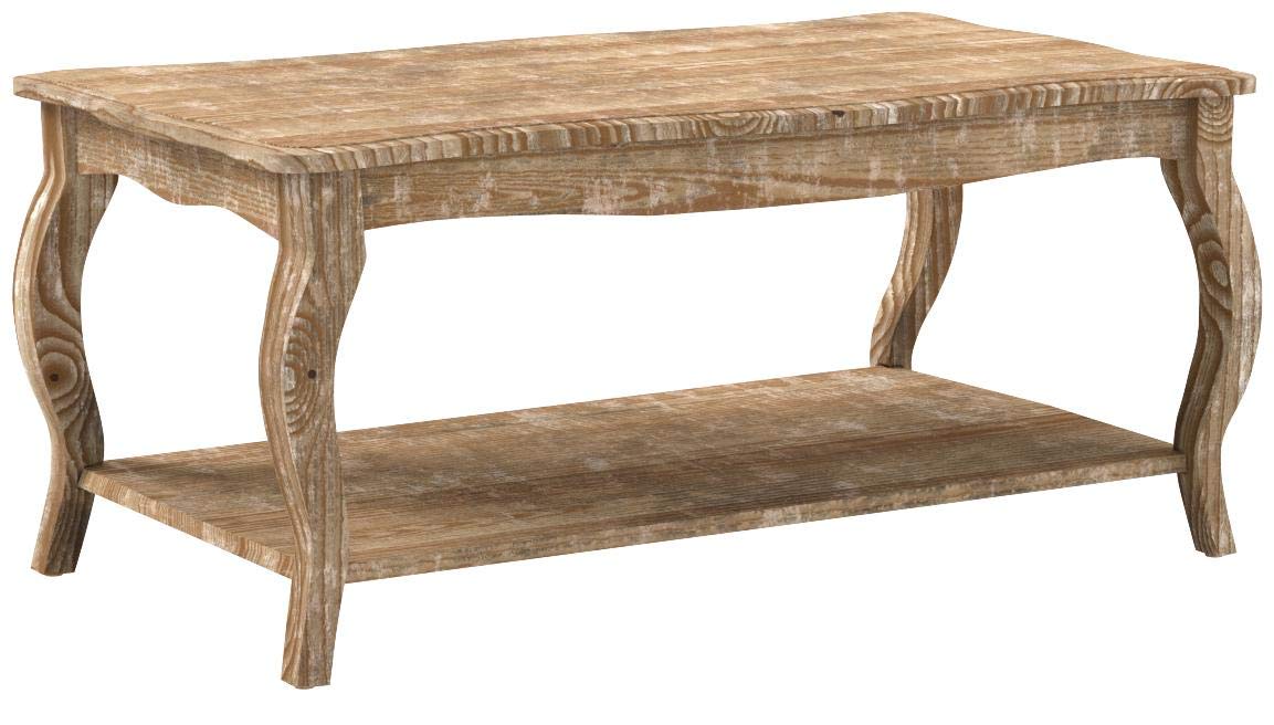 Rustic Wood Coffee Table with Open Shelf, Curved Legs & Scalloped Edges - Driftwood Finish Farmhouse Style Living Room Furniture by Alaterre | Perfect for Small Spaces, Apartments & Cozy Home Decor