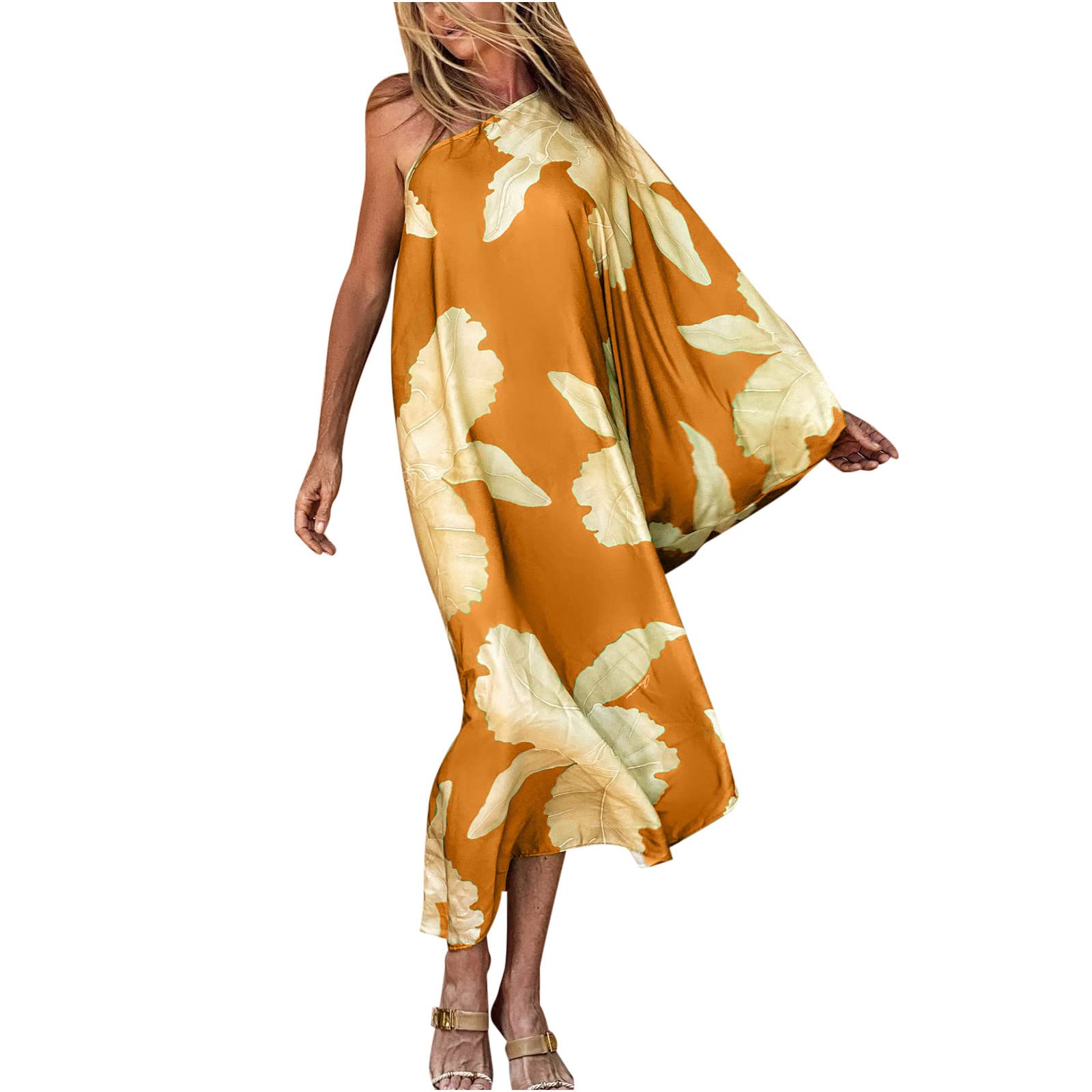 Women's Floral Print Chiffon Beach Cover Up Dress - Long Loose Kaftan Gown with Skew Collar, Summer Boho Maxi Dress for Vacation, Pool Party, Mother's Day Gift