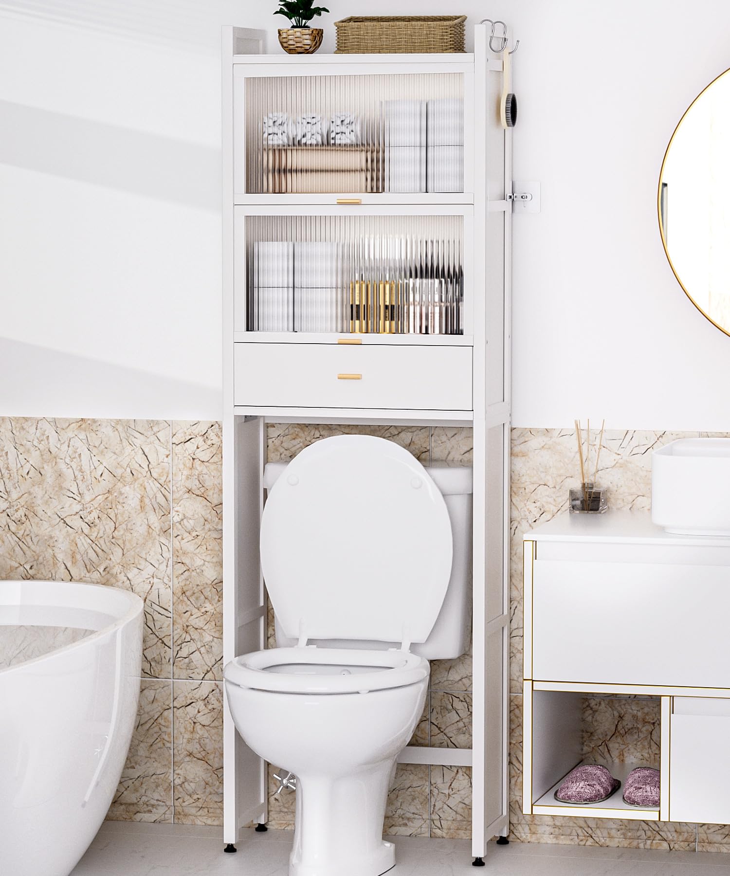 Over The Toilet Storage Cabinet with Drawer & Flip Door - Bamboo Bathroom Organizer Shelf | Anti-Tip Design, Waterproof Feet | Freestanding Space Saver for WC (White) - Perfect for Small Bathrooms & Apartment Storage Solutions