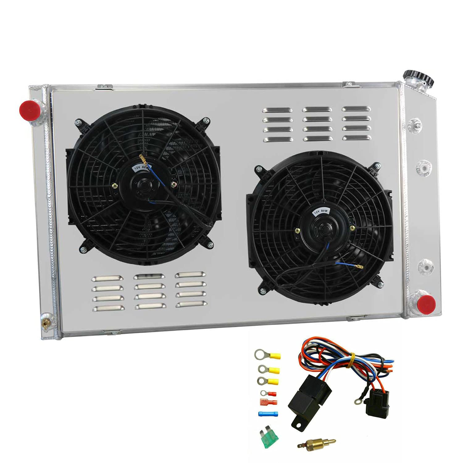 High-Performance ECMRAD 3-Row Aluminum Radiator for 1981-1986 Chevy K5 Blazer & Silverado 5.0L 5.7L V8 - Includes Dual 12