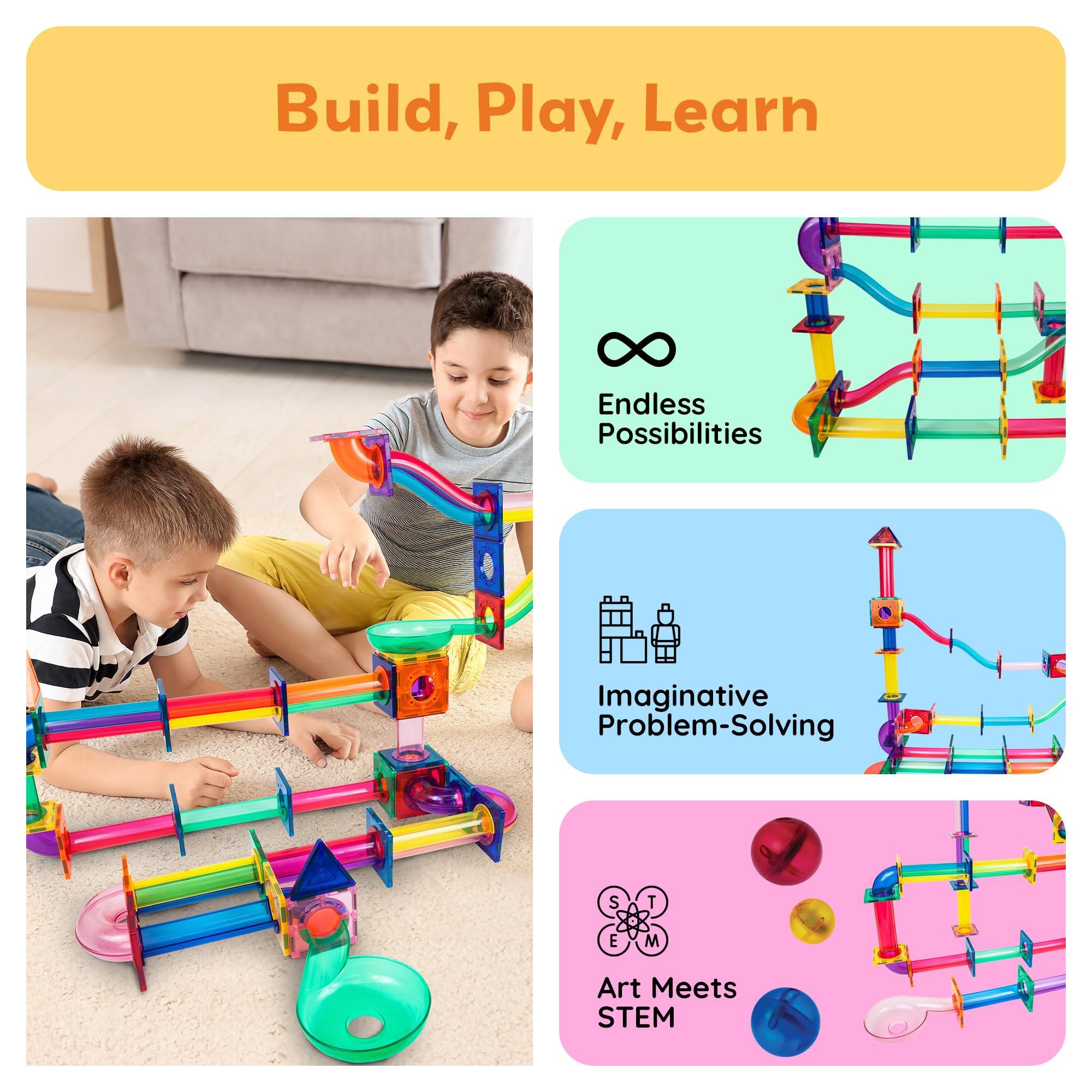 PicassoTiles 120-Piece Magnetic Marble Run Building Blocks Set - STEM Educational Construction Toy for Kids Ages 3+ | Boys & Girls Brain Development | Perfect for Classroom, Birthday Gifts & Family Playtime