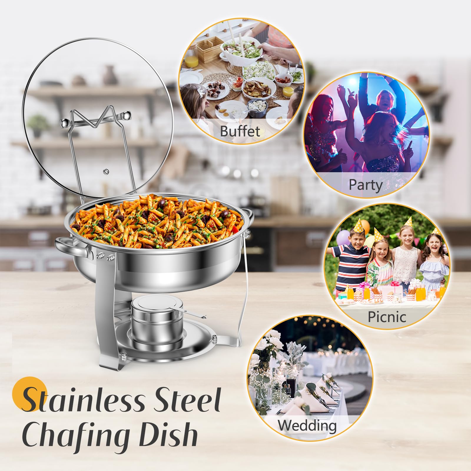 4-Pack Stainless Steel 3 QT Round Chafing Dishes with Glass Lids & Stands - Buffet Food Warmers for Catering, Weddings, Parties & Events - Keep Food Hot at Banquets, Buffets & Holiday Gatherings