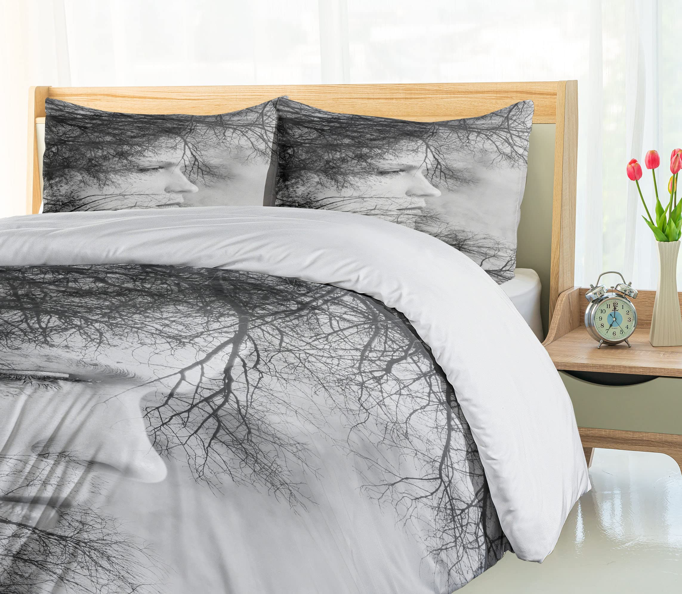 Ambesonne Black and White Duvet Cover Set King Size - Artistic Double Exposure Print of Woman Face Among Tree Branches, 3 Piece Bedding Set with 2 Pillow Shams - Modern Home Decor for Master Bedroom, Guest Room & Bohemian Style Apartments