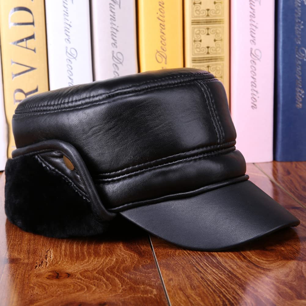Men's Genuine Leather Baseball Cap with Ear Flaps - Windproof Winter Trapper Hunting Hat for Outdoor Activities, Military Style Driving Cap for Cold Weather Protection (Hunting, Camping, Snow Sports)