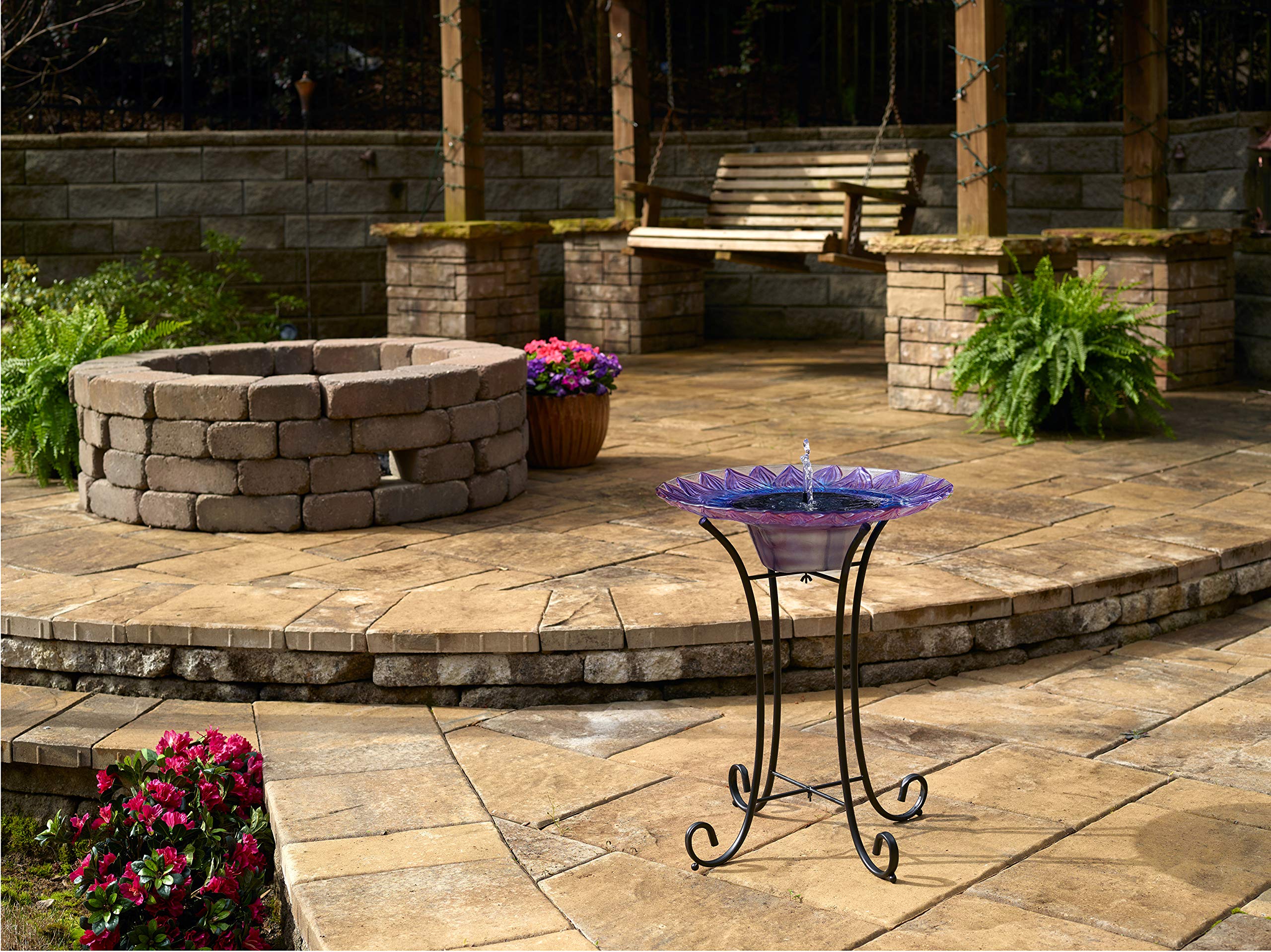 Smart Solar-Powered Birdbath Fountain with Patented Solar Panel & Pump System - Hand-Painted Glass Flower Design on Metal Stand (Blue/Purple) - Perfect for Garden, Patio, Yard Decoration & Attracting Birds