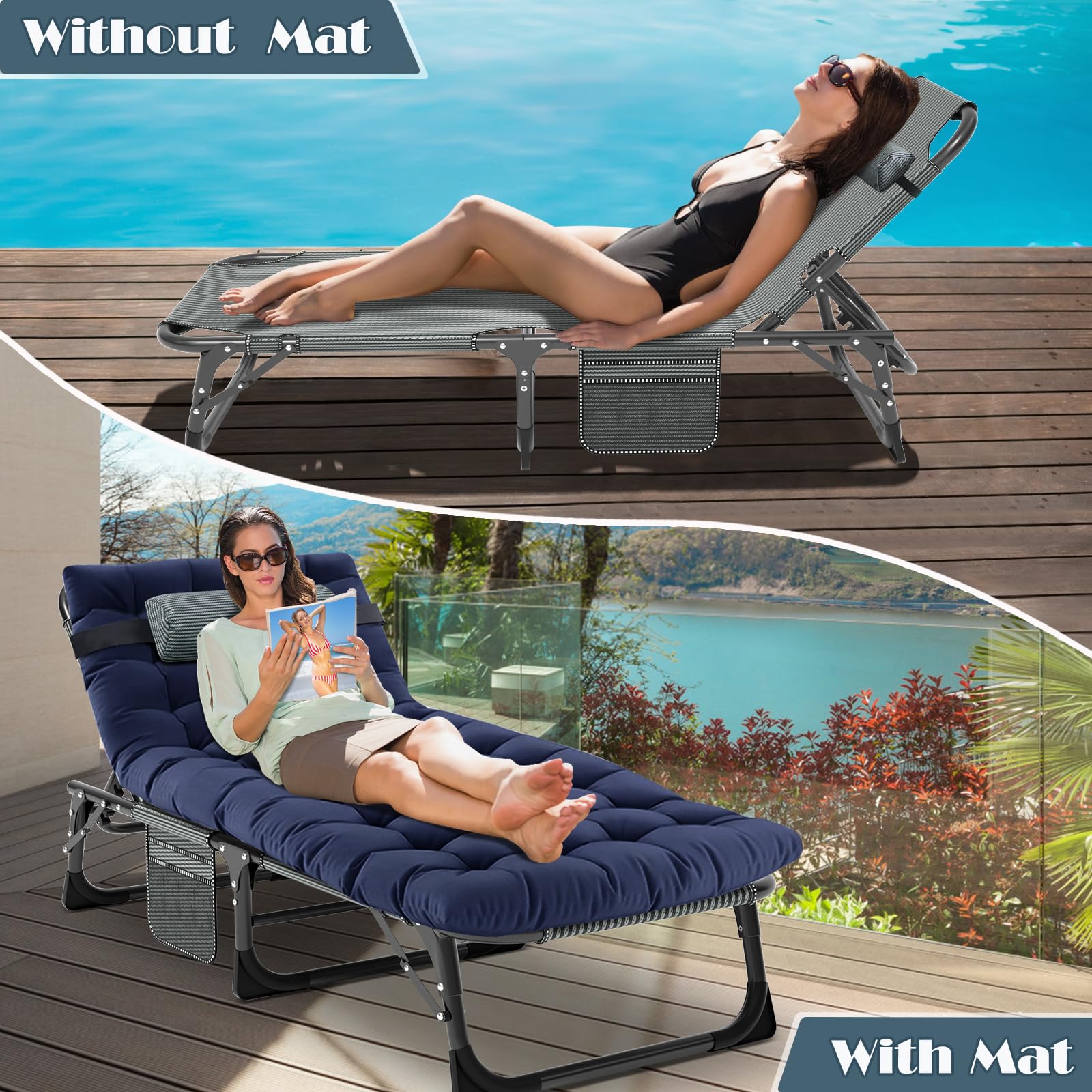 5-Position Reclining Folding Chaise Lounge Chair for Outdoor - Portable Patio Sunbathing Chair for Pool, Beach, Camping & Lawn - Perfect for Adults Tanning, Relaxing & Sleeping