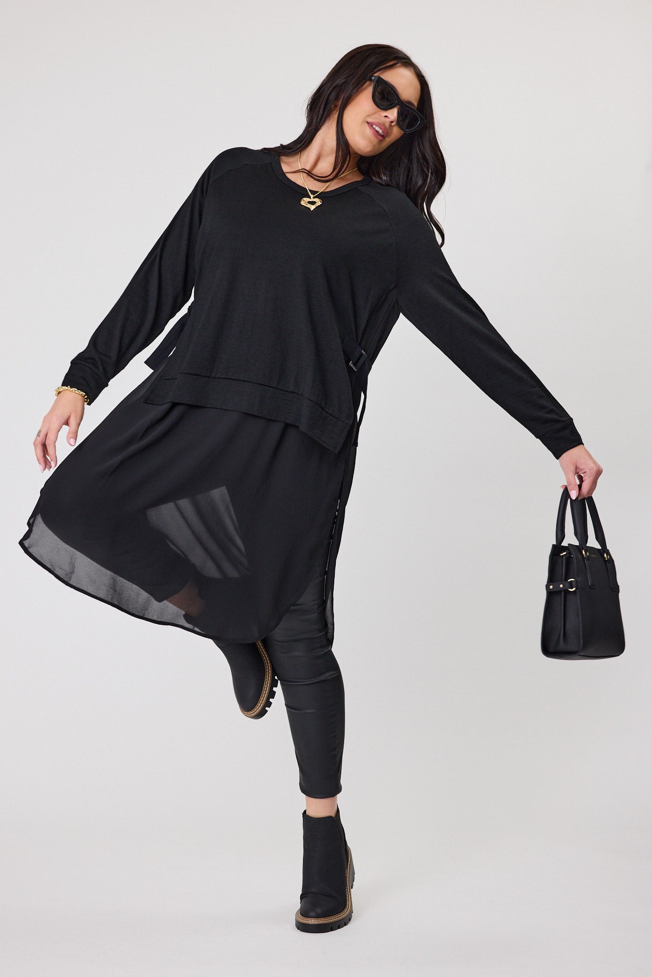 Alpine by Shine On Paris Merino Wool & Chiffon Blend Tunic Top - Black | Elegant Women's Fashion for Work & Evening Wear