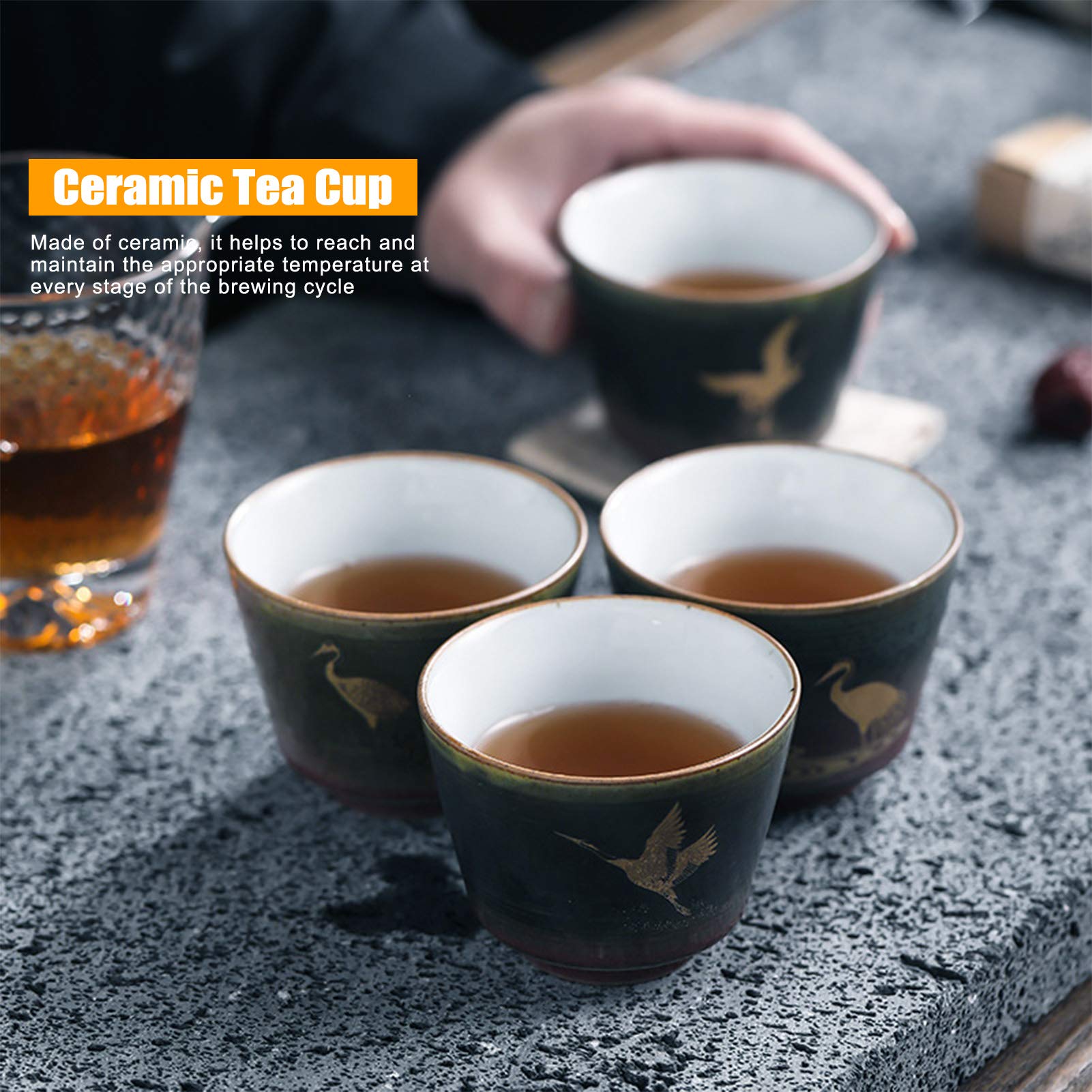 Vintage Japanese Style Ceramic Tea Cup Set - 4pcs Handcrafted Kiln Baked Kung Fu Teaware for Coffee, Tea, Cappuccino, Latte & Americano - Four Seasons Changle Collection - Perfect for Home, Office & Tea Ceremonies