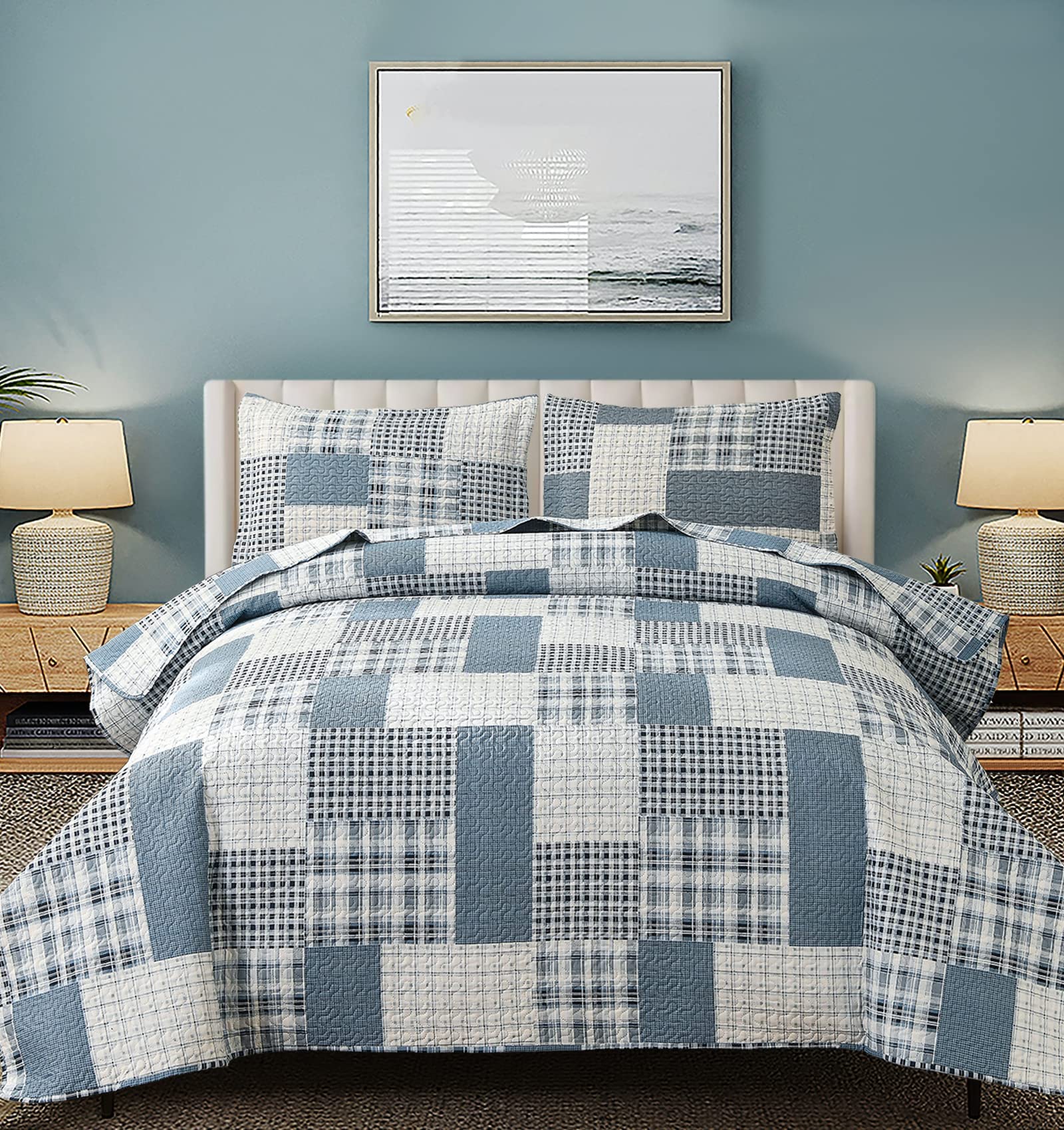 Tigona Grey Blue Plaid Patchwork Quilt Set Queen Size - Lightweight Bedspread Coverlet with 2 Pillow Shams, Striped Gingham Bedding for Boys & Men - Perfect for Cozy Bedrooms, Guest Rooms & Dorm Decor