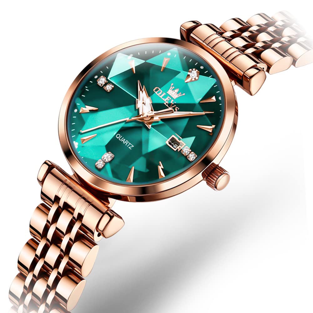 OLEVS Women's Luxury Rose Gold Diamond Analog Quartz Watch - Stainless Steel, Luminous, Waterproof with Date - Perfect for Dressy Occasions, Office & Everyday Wear
