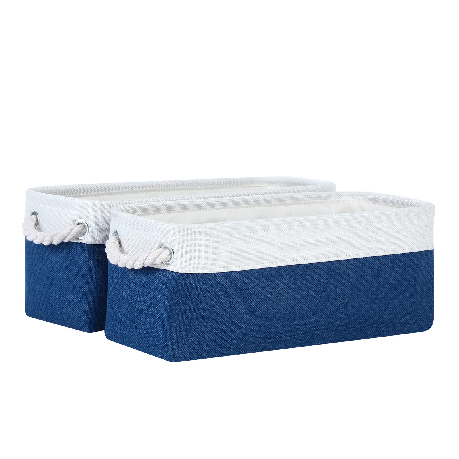Collapsible Canvas Storage Baskets Set of 2 - 15x6x5.5 Inch Navy Blue Fabric Bins for Under Bench, Toilet Paper & Home Organization | Space-Saving Decorative Storage for Bathroom, Bedroom & Closet