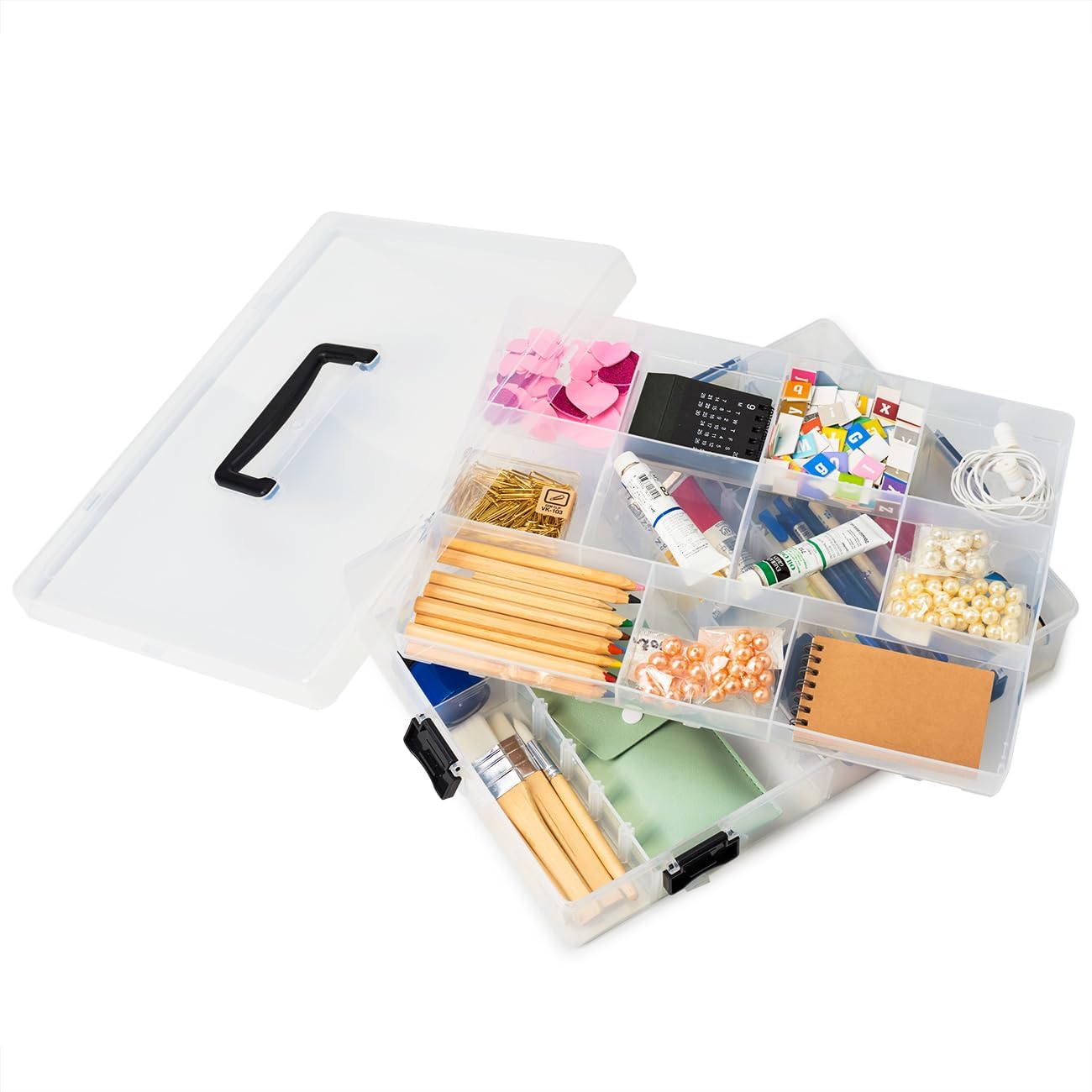 EZOWare 2-Tier Clear Plastic Craft Storage Organizer Box - 118 Adjustable Grid Compartments with Handle, Stackable Jewelry & Sewing Supplies Container for Beads, LEGO Blocks, Fishing Tackle - Perfect for Craft Rooms, DIY Workshops & Home Organization