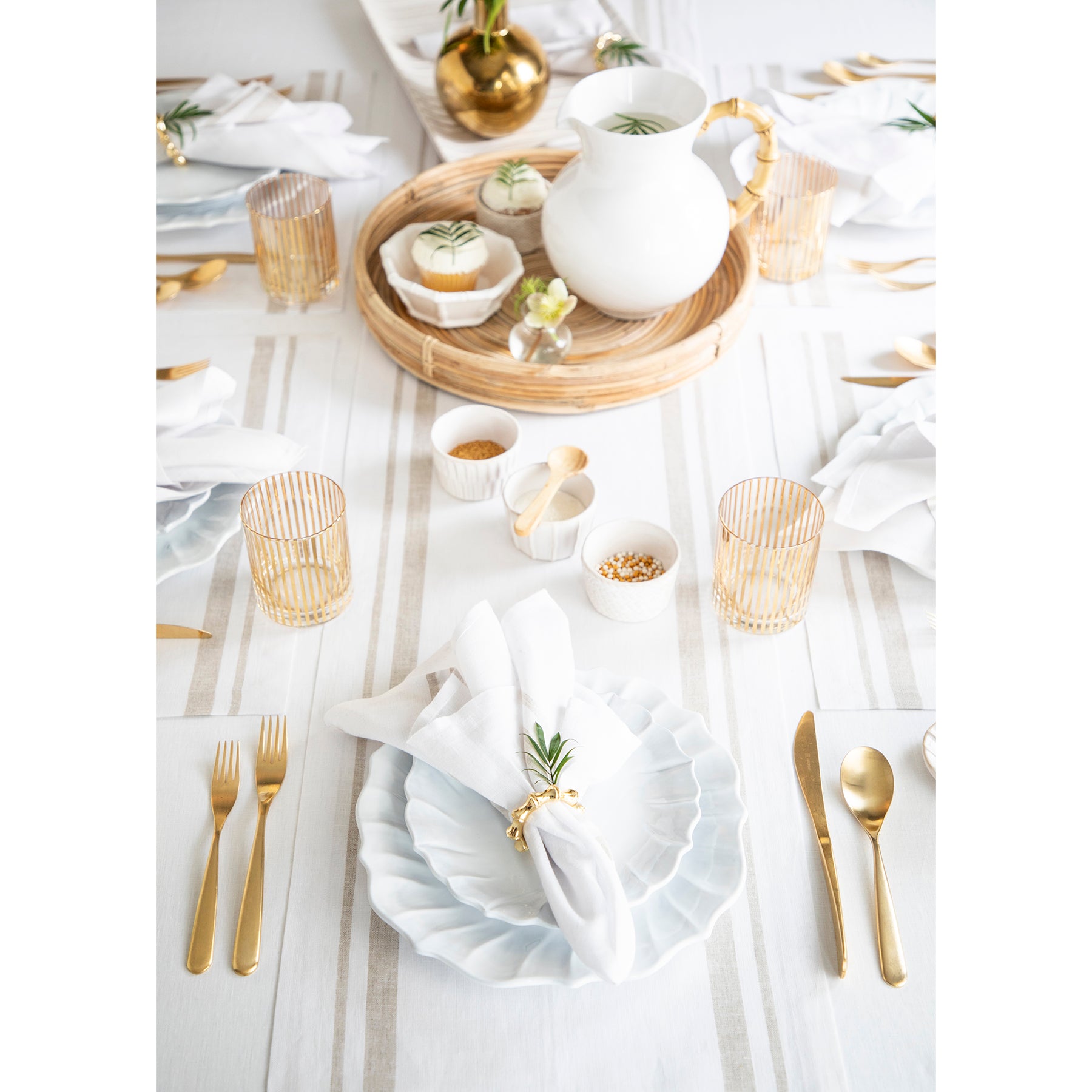 French Striped Table Runner - 16 Inch Wide Cotton Linen Blend for Dining Room Decor & Wedding Table Setting