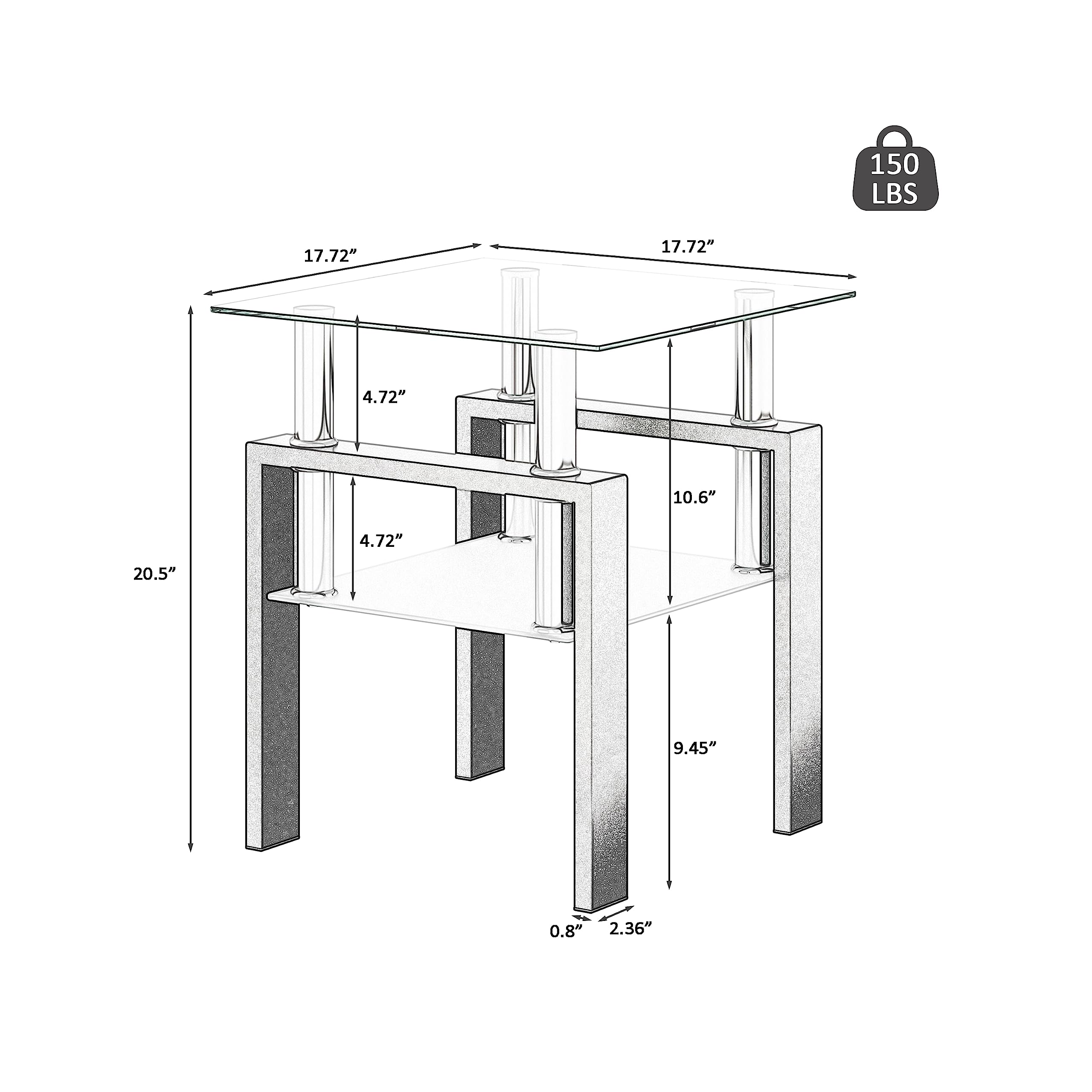 Modern Square Glass End Table with Sturdy Metal Legs - Small Coffee Table, Nightstand, or Bedside Table for Living Room & Bedroom - Perfect for Tea Time, Reading Nook, or Bedside Storage