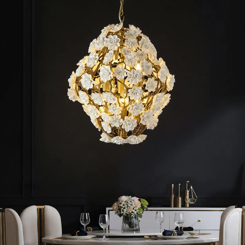 Brass and Ceramic Flower Art Chandelier - Modern Luxury Lighting Fixture for Living Room & Dining Room | Perfect for Home Decor, Wedding Venues, and Luxury Hotels