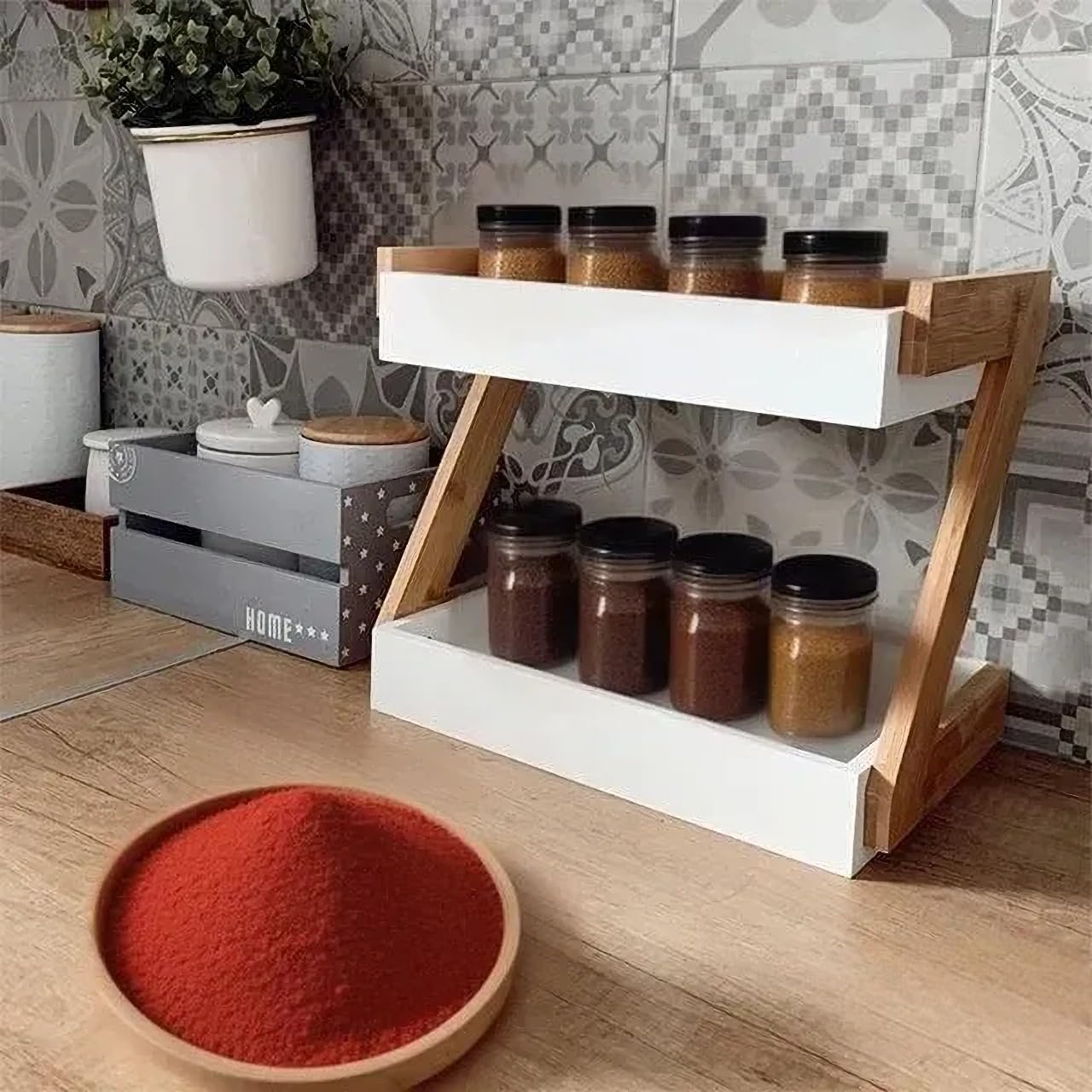 OXMIC 2-Tier White Wooden Kitchen Storage Rack - Spice Organizer, Countertop Oil Bottle Holder & Shelf for Pantry Organization | Perfect for Small Spaces, Apartment Kitchens & Countertop Decluttering