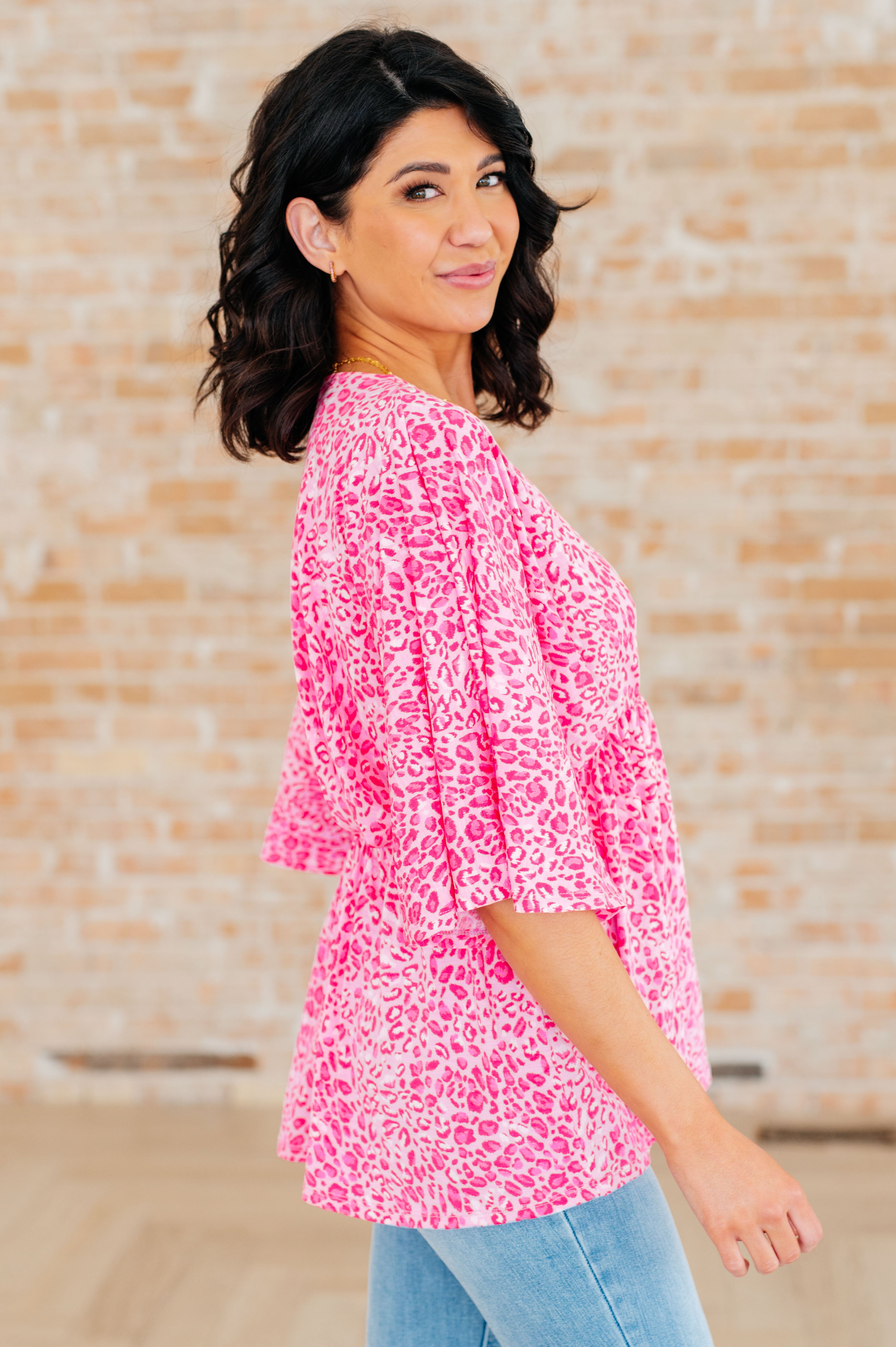 Dreamer Peplum Top in Pink Leopard Print - Women's Fashion Blouse for Casual Wear & Party Outfits
