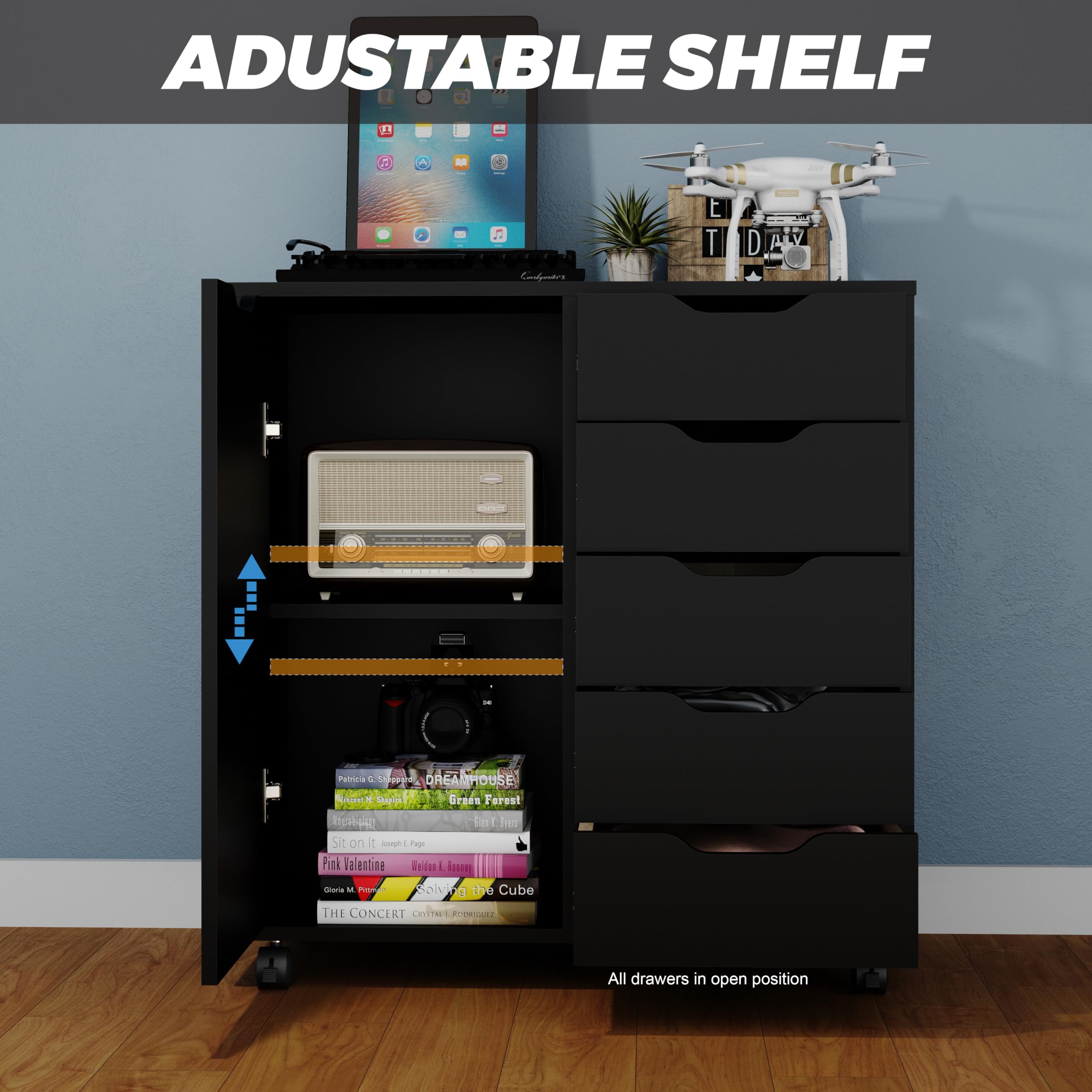 5-Drawer Wooden Dresser with Wheels - Black Storage Cabinet for Bedroom & Office