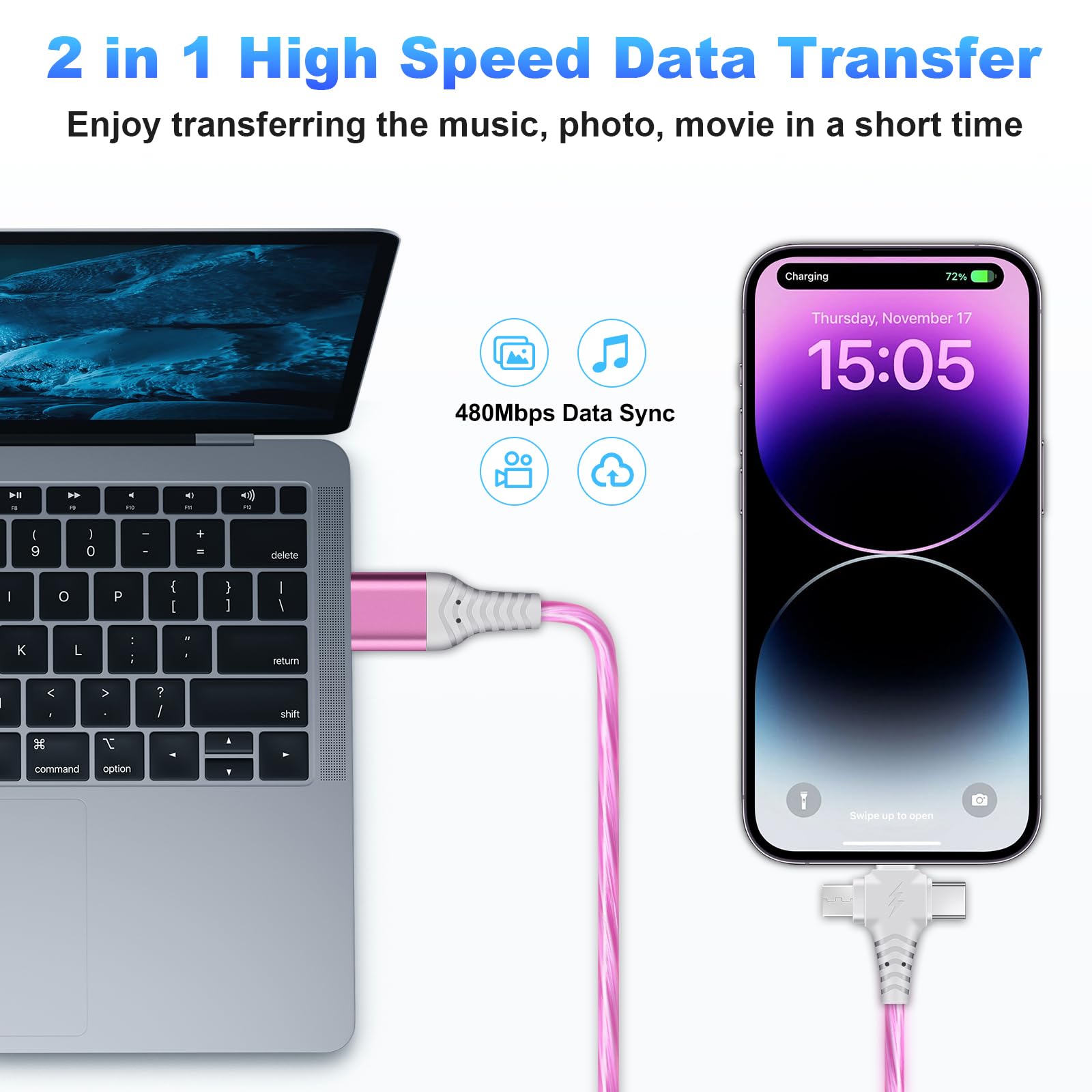 Vuanke 3-in-1 Fast Charging Cable 6.6ft USB to Phone/Type C/Micro USB - Compatible with iPhone 13, Galaxy S24/S23, iPad - Pink | Multi-Device Charging for Home, Office & Travel