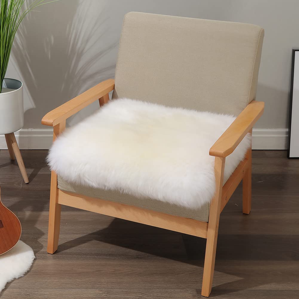 Premium Sheepskin Chair Cushion 18x18 Inch - Non-Slip Back, Genuine Fur, Natural Wool Seat Pad - Soft & Luxurious for Home, Office, Restaurant - Ivory White (Pack of 1) | Perfect for Ergonomic Support & Stylish Decor