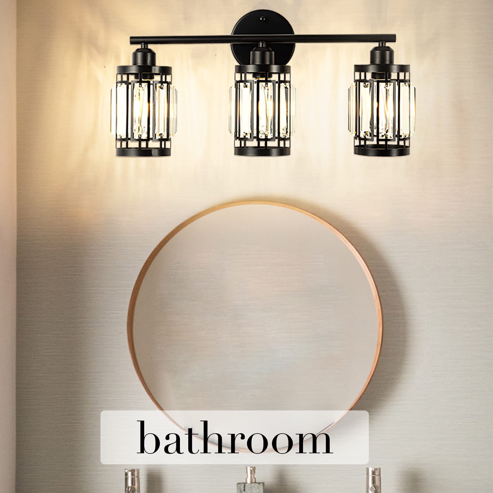 Rustic Industrial Black Vanity Light with Crystal Lampshade - 3 Light Bathroom Wall Sconce, E26 Base (Bulb Not Included) - Perfect for Modern Farmhouse, Vintage Bathroom & Dressing Room Lighting