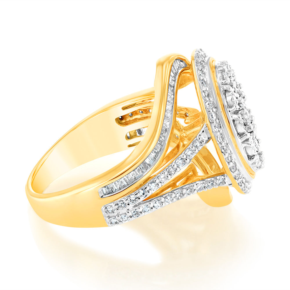 1 Carat Luminesce Lab Grown Diamond Ring - 93 Brilliant Cut & 44 Tapered Cut Diamonds in 9K Yellow Gold for Engagement, Wedding & Anniversary Gifts