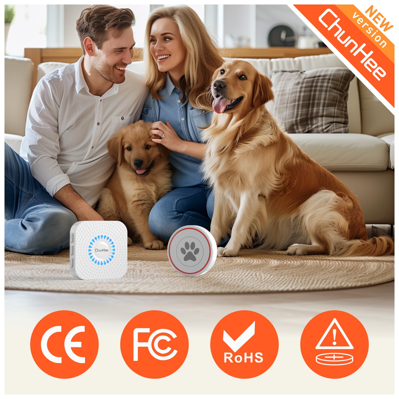 ChunHee Dog Training Bells - Adjustable 0-110db Volume with 55 Chimes, 2 Receivers & 4 Buttons for Potty Training & Outdoor Access - Perfect for Housebreaking Puppies & Teaching Dogs to Signal When They Need to Go Outside