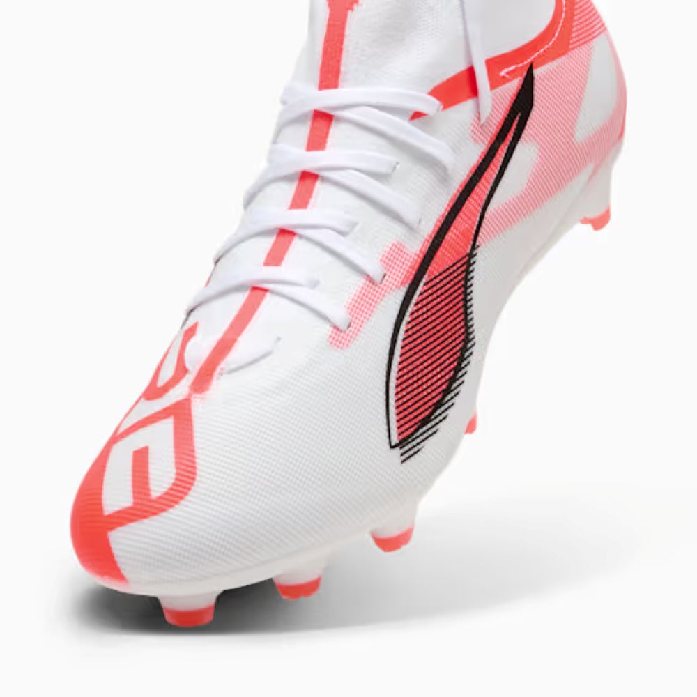 Puma Ultra 5 Match+ FG/AG Soccer Cleats for Men - White/Black/Glowing Red - Lightweight Football Boots for Artificial Grass & Firm Ground - Perfect for Match Play & Training Sessions