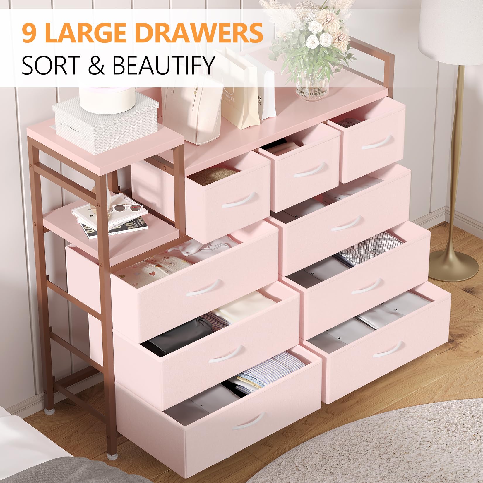 Jojoka TV Stand with Charging Station - 9-Drawer Modern Dresser for Bedroom & Living Room - Pink Entertainment Center for TV, Gaming Console & Media Storage