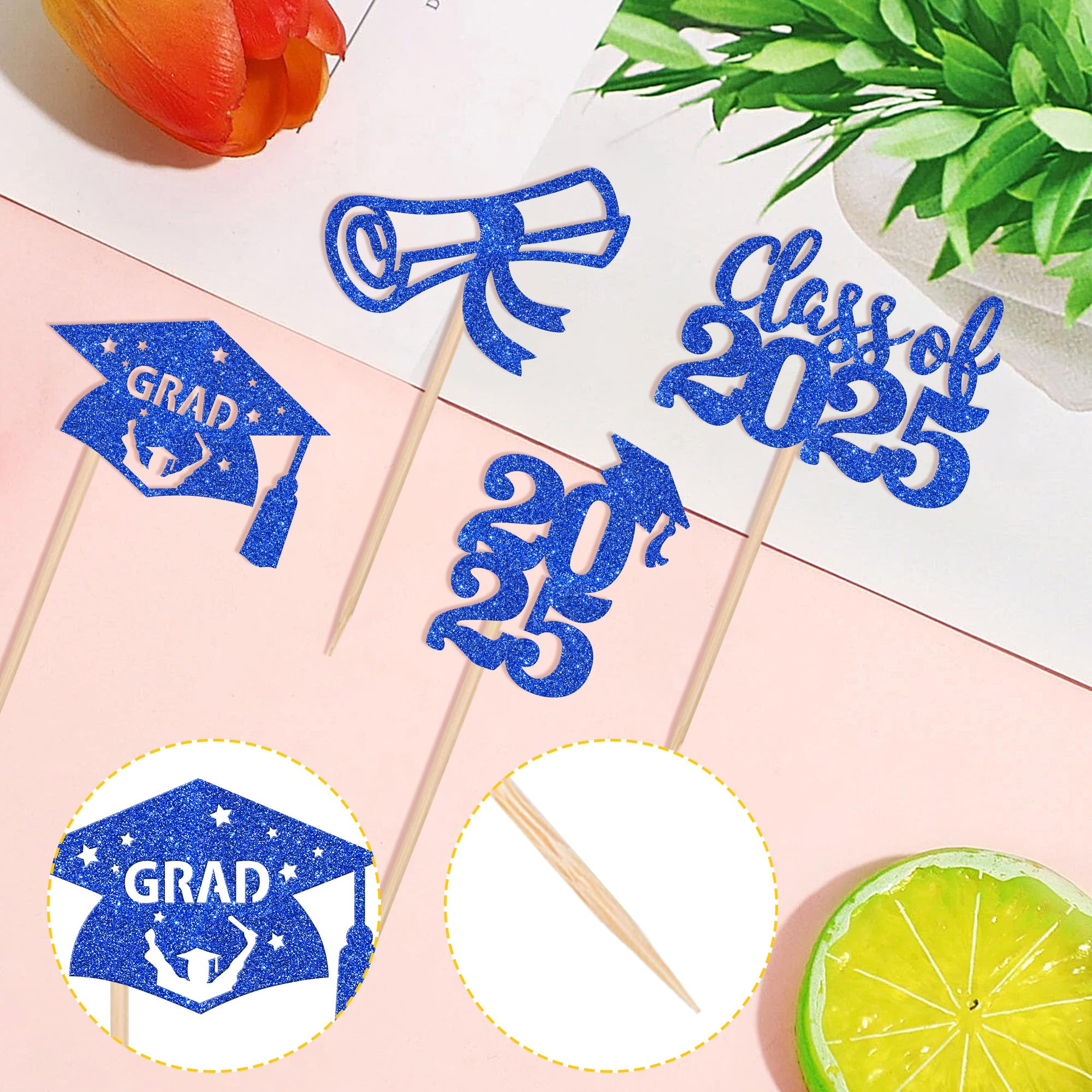 24 PCS 2025 Graduation Cupcake Toppers - Glitter Class of 2025 Diploma & Grad Cap Cake Decorations - Blue Graduation Party Supplies for Cupcakes, Cakes & Desserts - Perfect for Graduation Ceremonies, Parties & Celebrations
