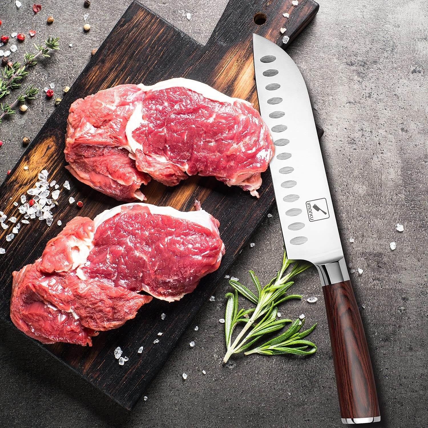 7 Inch Santoku Knife with Ergonomic Red Handle - Japanese Kitchen Knife for Slicing, Dicing & Chopping Vegetables, Meat & Fish - Perfect for Home Chefs & Professional Cooking