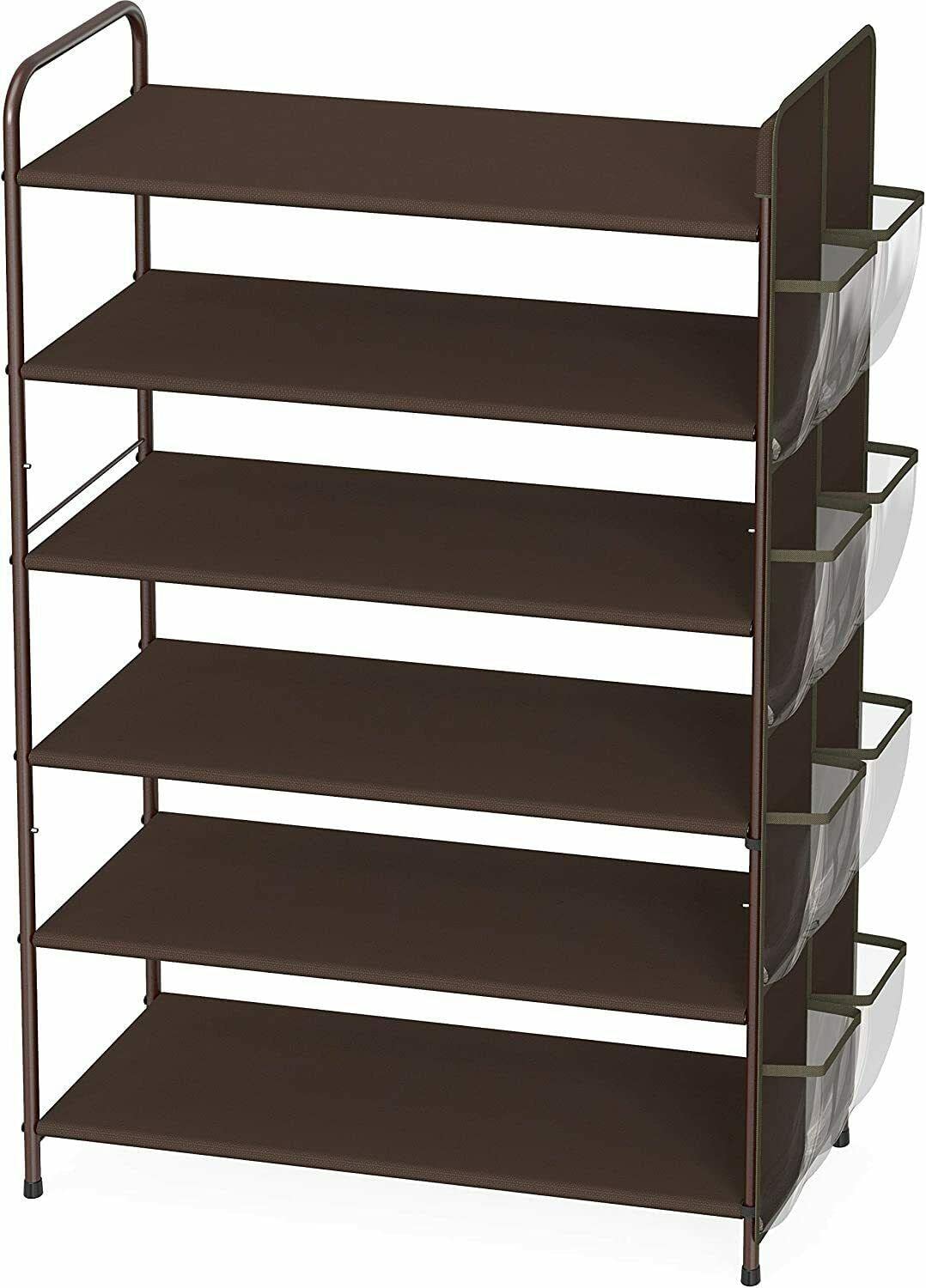 6-Tier Shoe Rack Organizer with Side Hanging Bag - Holds 34 Pairs of Shoes, Bronze - Space Saving Shoe Storage Shelf for Closet, Entryway, Bedroom, and Dorm Organization