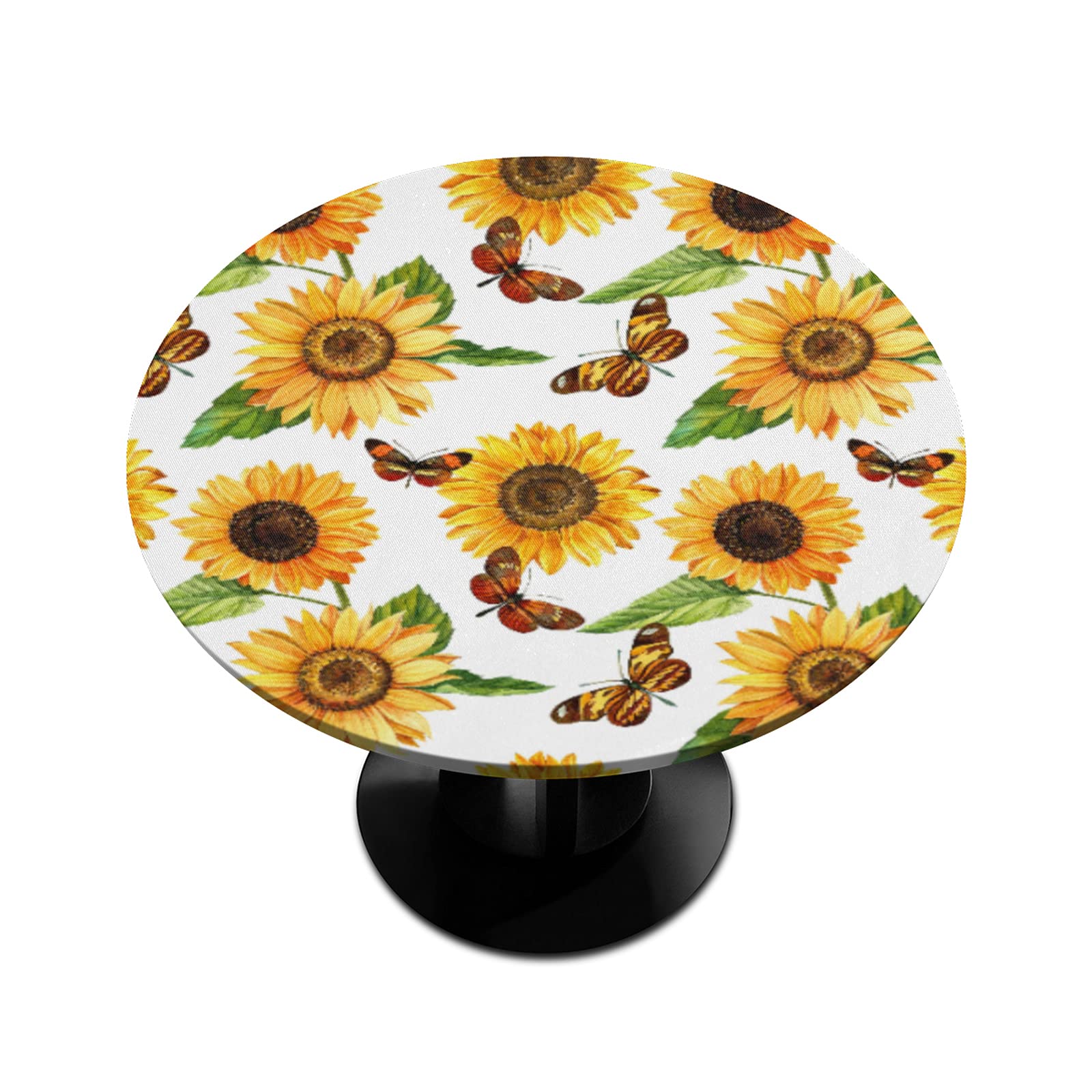 Sunflower Butterfly Round Elastic Tablecloth - Floral Fitted Washable Polyester Spill-Proof Table Cover for Indoor/Outdoor Dining (36-42 Inch) - Perfect for Patio, Garden & Party Decor