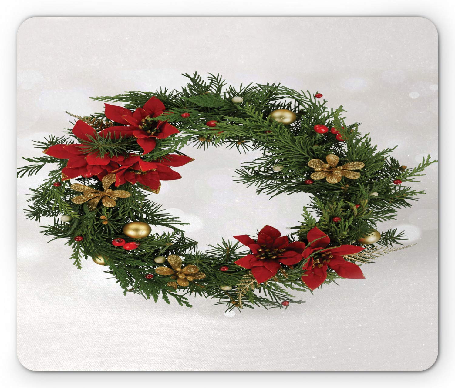Ambesonne Christmas Mouse Pad - Floral Wreath Design with Poinsettia, Holly, Pine Cone & Branches - Non-Slip Rubber Mousepad for Office & Gaming - Standard Size Multicolor Holiday Gift for Computer Users