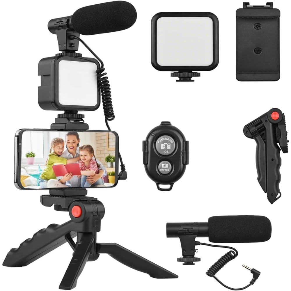 Professional Vlogging Kit for iPhone & Android - Includes Mini LED Video Light, Cardioid Microphone, Phone Clip & Adjustable Tripod - Perfect for YouTube, TikTok, Instagram Videos, Live Streaming & Video Calling