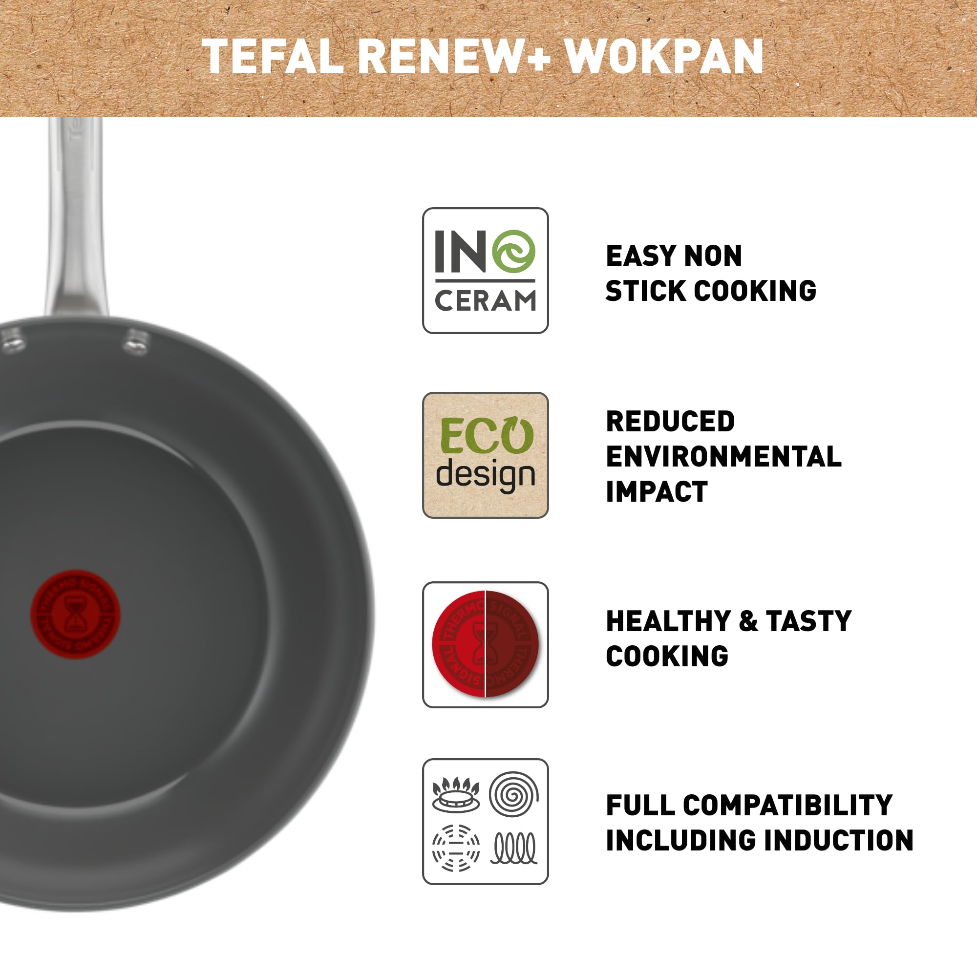 Tefal Renew On - 28cm Ceramic Non-Stick Wok Pan, Induction Compatible, Thermo-Signal Heat Indicator, Eco-Friendly & Healthy Cooking, Made in France C4241943 - Perfect for Stir-Fry, Sautéing & Asian Cuisine