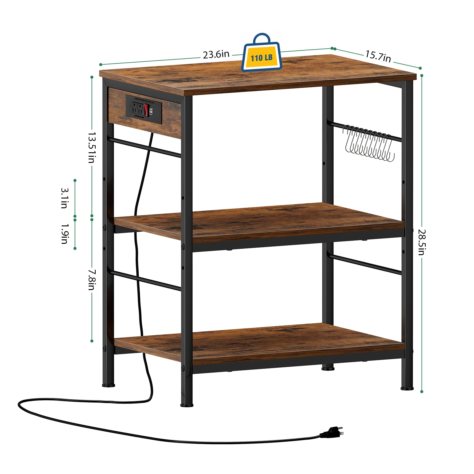ETELI 3-Tier Bakers Rack with Power Outlet - Microwave Stand Cart with Storage Shelves - Mobile Coffee Station Table with Wheels - Rustic Brown Kitchen Cart for Living Room, Bedroom & Office - Perfect for Small Spaces, Apartment Cooking & Coffee Bar Setup
