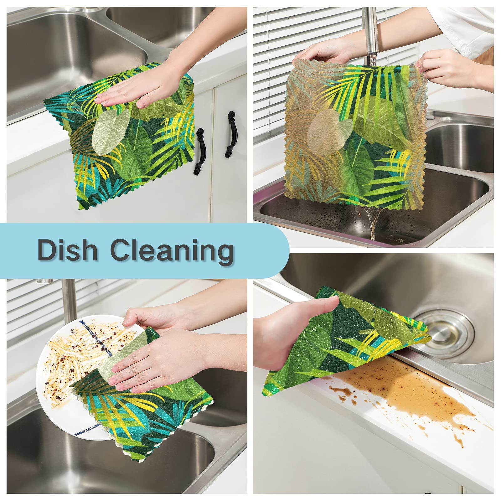 ALAZA 6 Pack Green Palm Leaves Monstera Pattern Kitchen Towels - Super Soft & Fast Drying Dishcloths, Tea Towels (11x11 Inches) for Kitchen, Bar, Dining & Home Decor